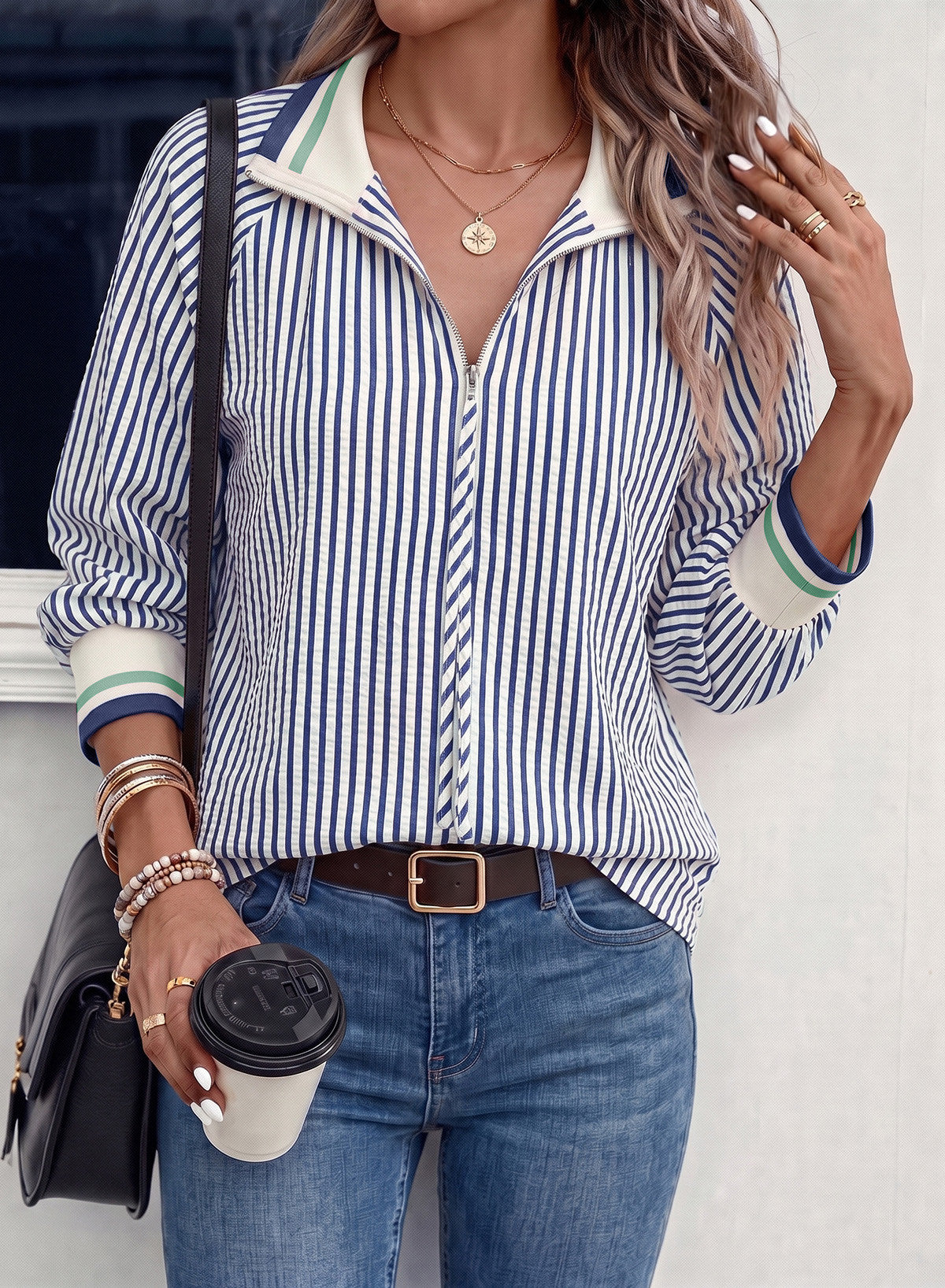 Dokotoo Women's 3/4 Sleeve Tops Striped Half Zip 2026 Fall Shirts Blouses