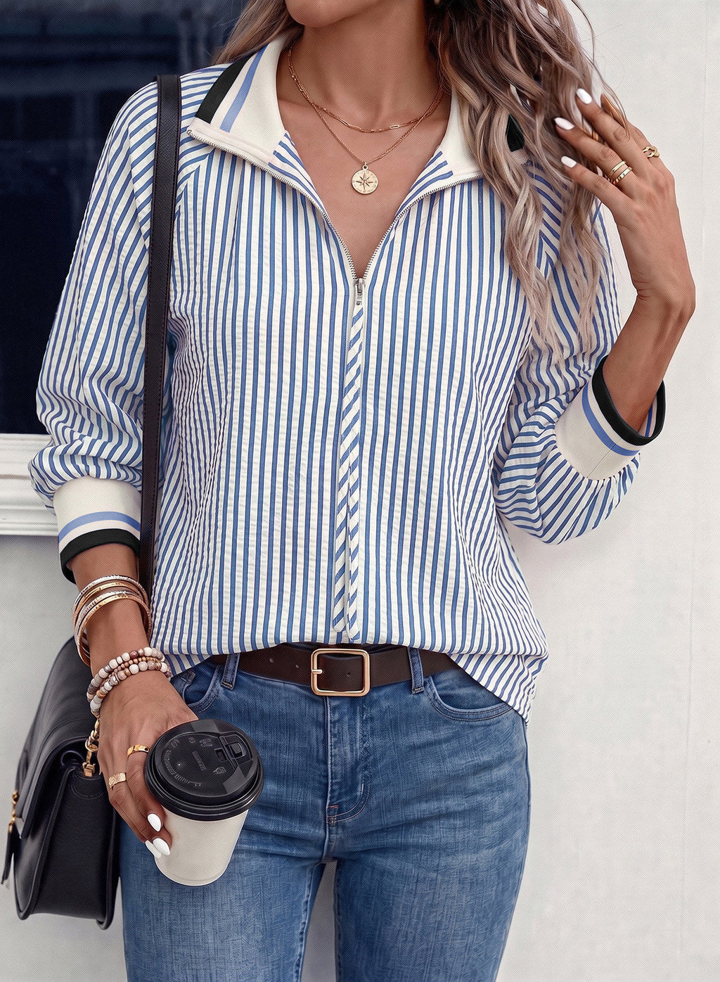 Dokotoo Women's 3/4 Sleeve Tops Striped Half Zip 2026 Fall Shirts Blouses