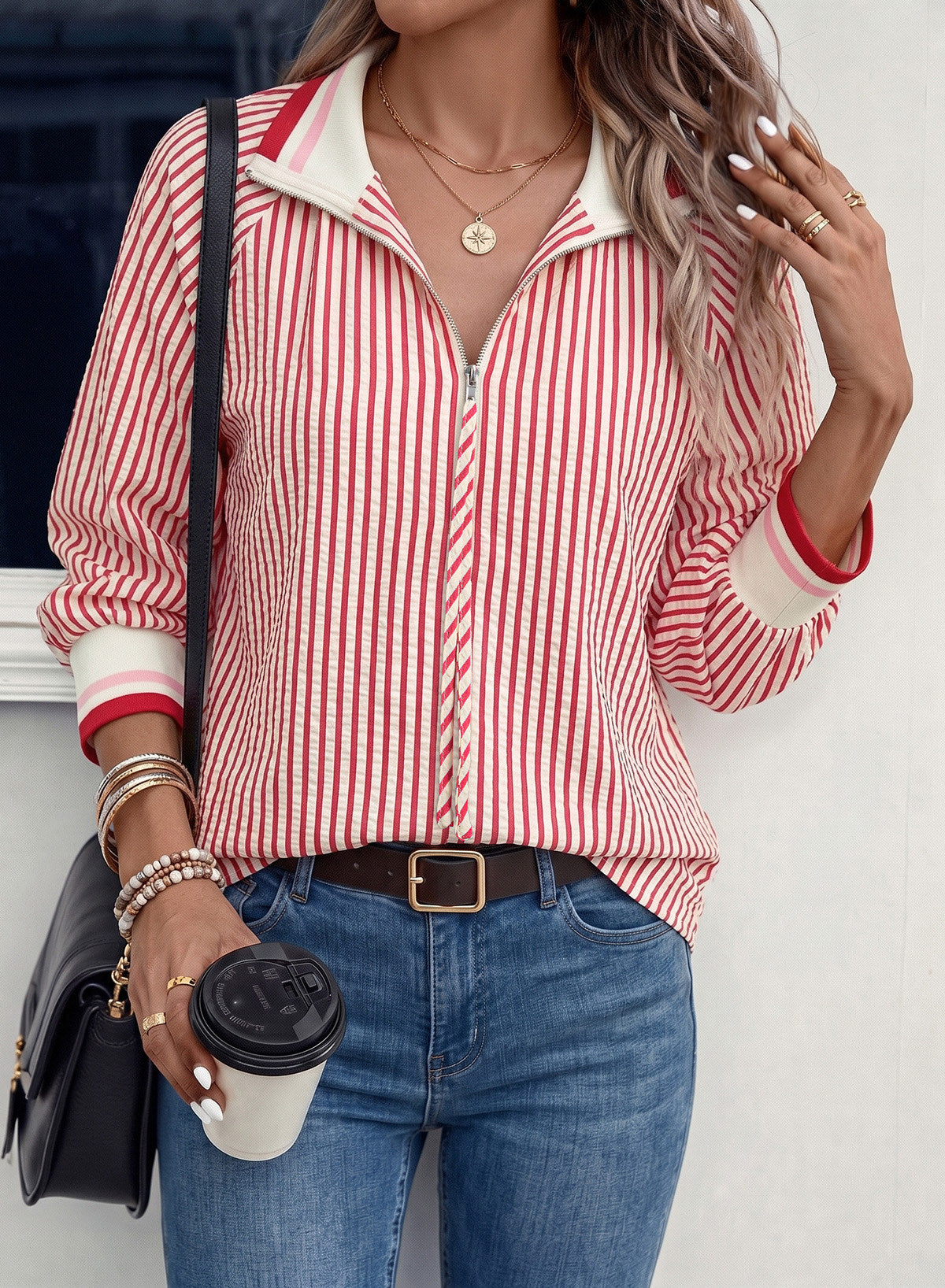 Dokotoo Women's 3/4 Sleeve Tops Striped Half Zip 2026 Fall Shirts Blouses