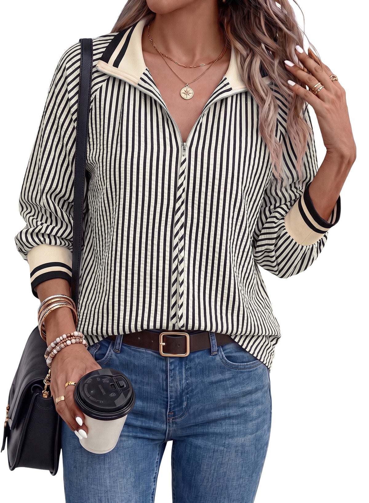 Dokotoo Women's 3/4 Sleeve Tops Striped Half Zip 2026 Fall Shirts Blouses