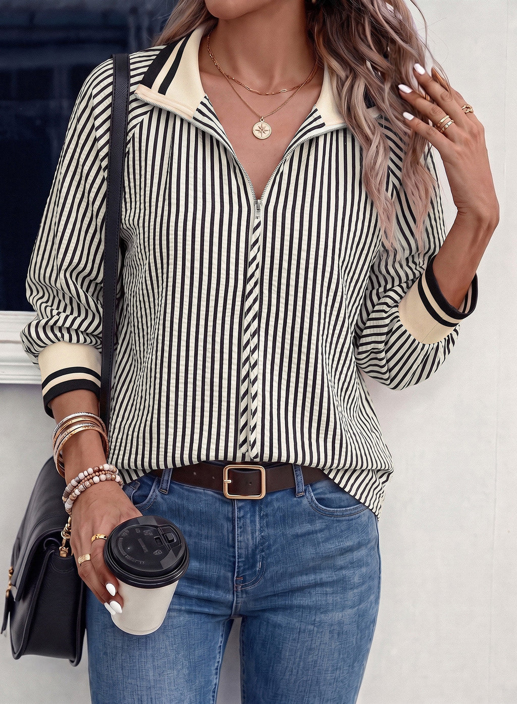 Dokotoo Women's 3/4 Sleeve Tops Striped Half Zip 2026 Fall Shirts Blouses