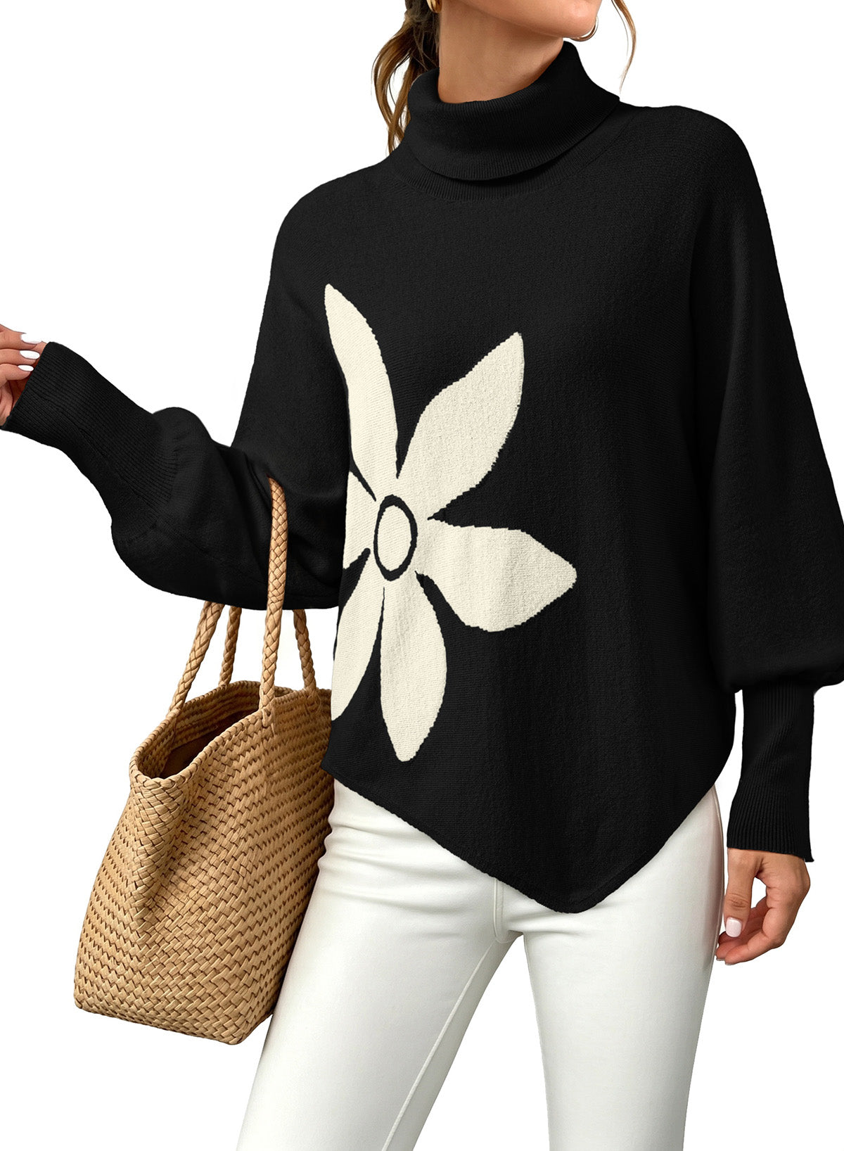 Dokotoo Sweaters for Women Oversized Turtleneck Floral Pullover Sweater