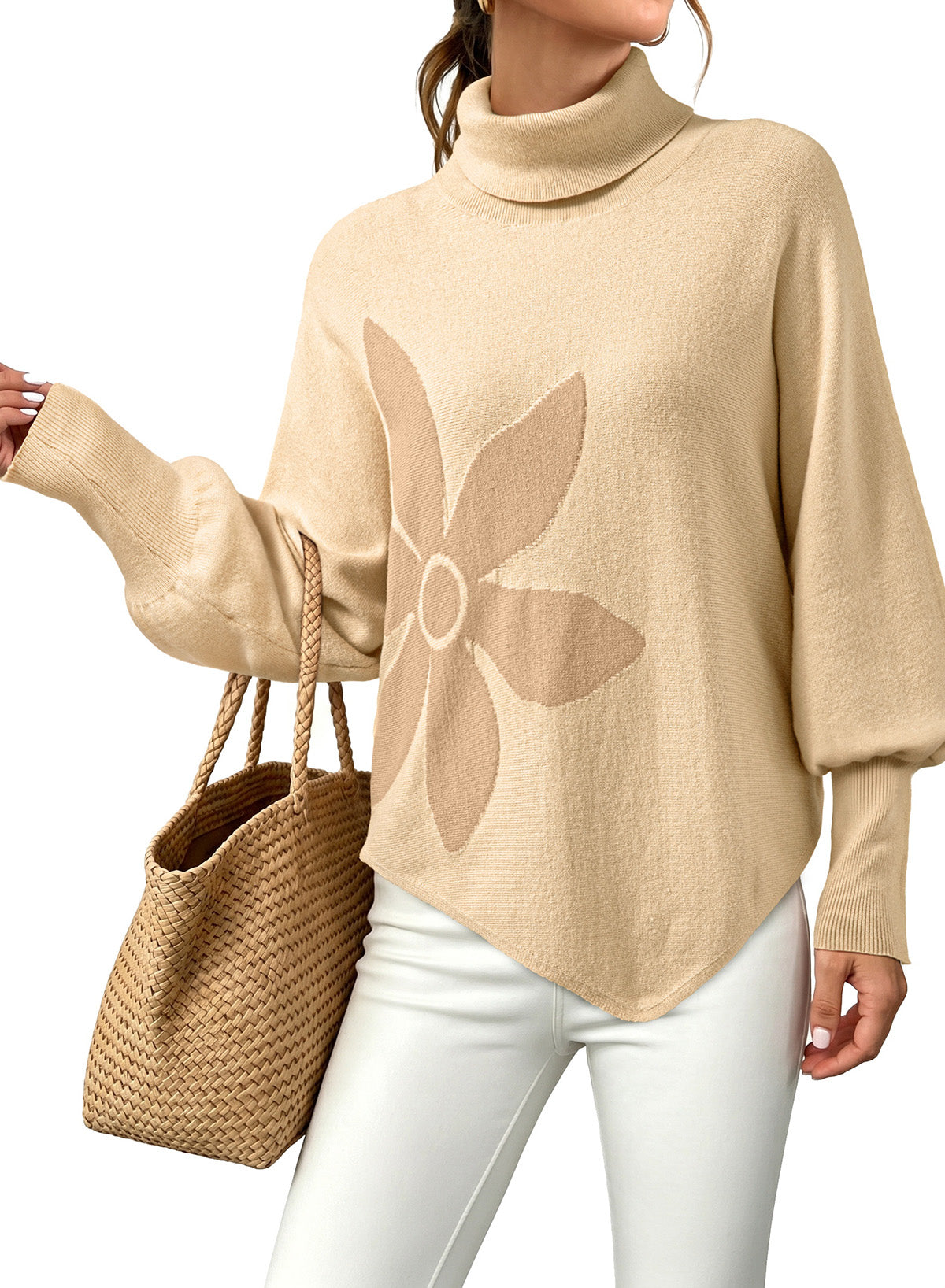 Dokotoo Sweaters for Women Oversized Turtleneck Floral Pullover Sweater