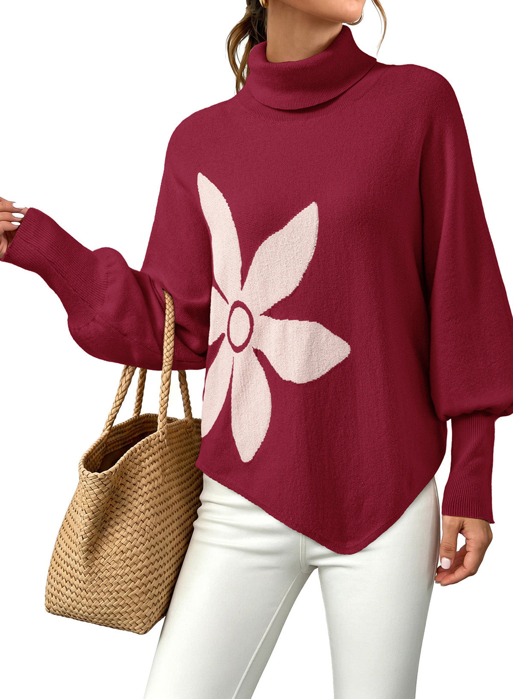Dokotoo Sweaters for Women Oversized Turtleneck Floral Pullover Sweater