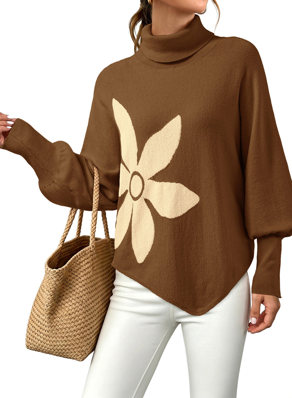 Dokotoo Sweaters for Women Oversized Turtleneck Floral Pullover Sweater