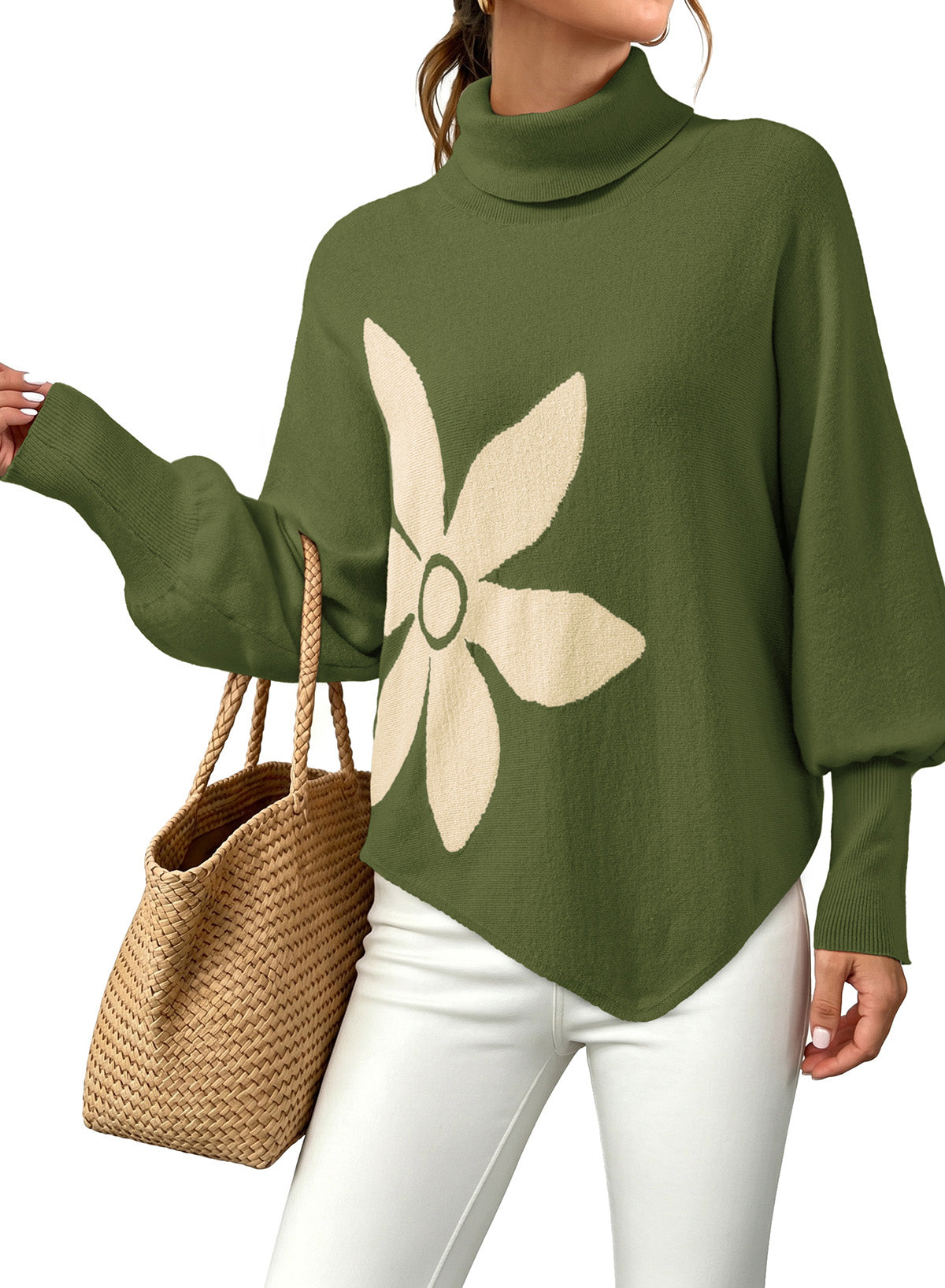 Dokotoo Sweaters for Women Oversized Turtleneck Floral Pullover Sweater