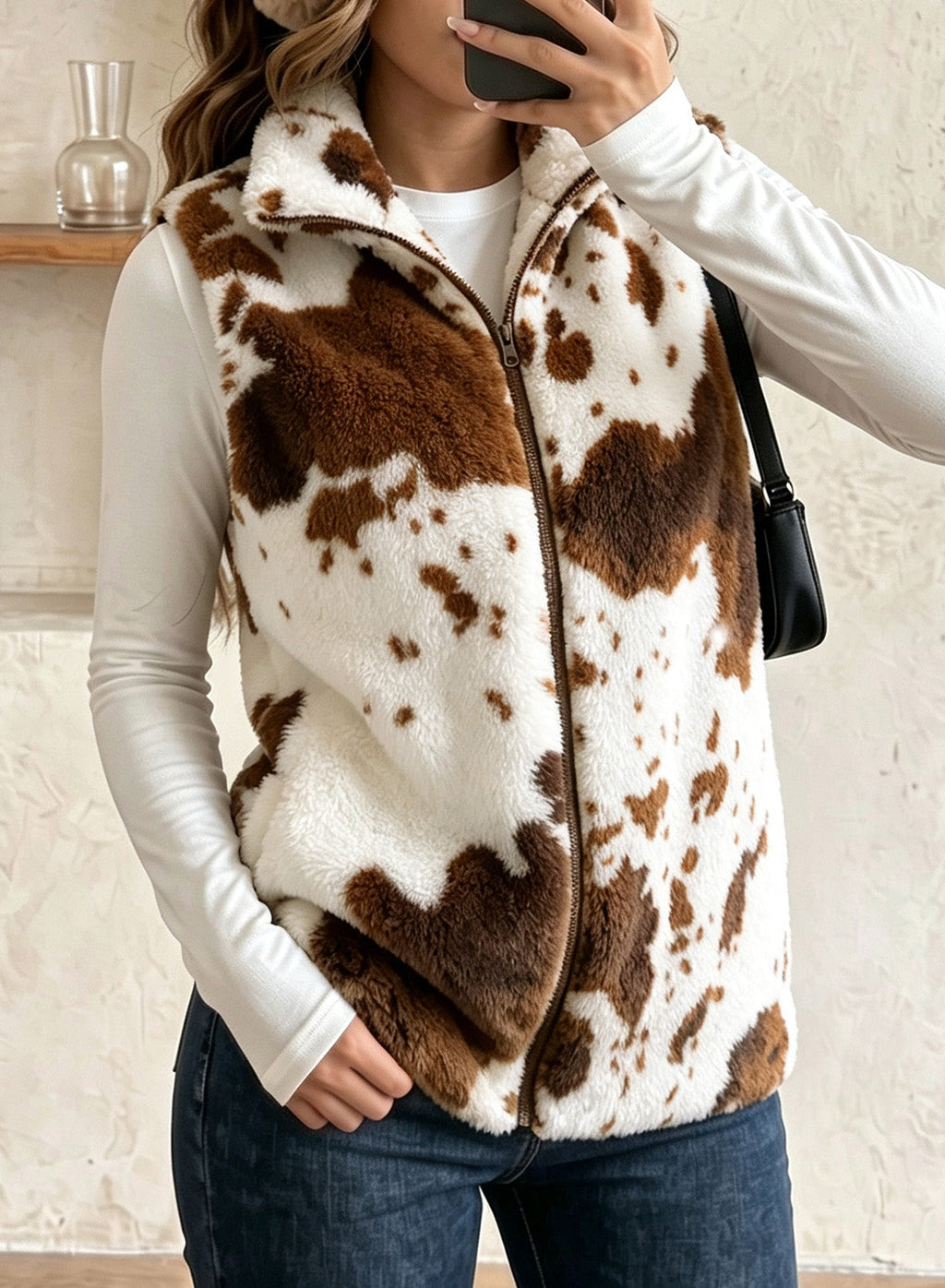 Dokotoo Womens Fleece Vest Zip Up Cow Print Sherpa Sleeveless Jacket