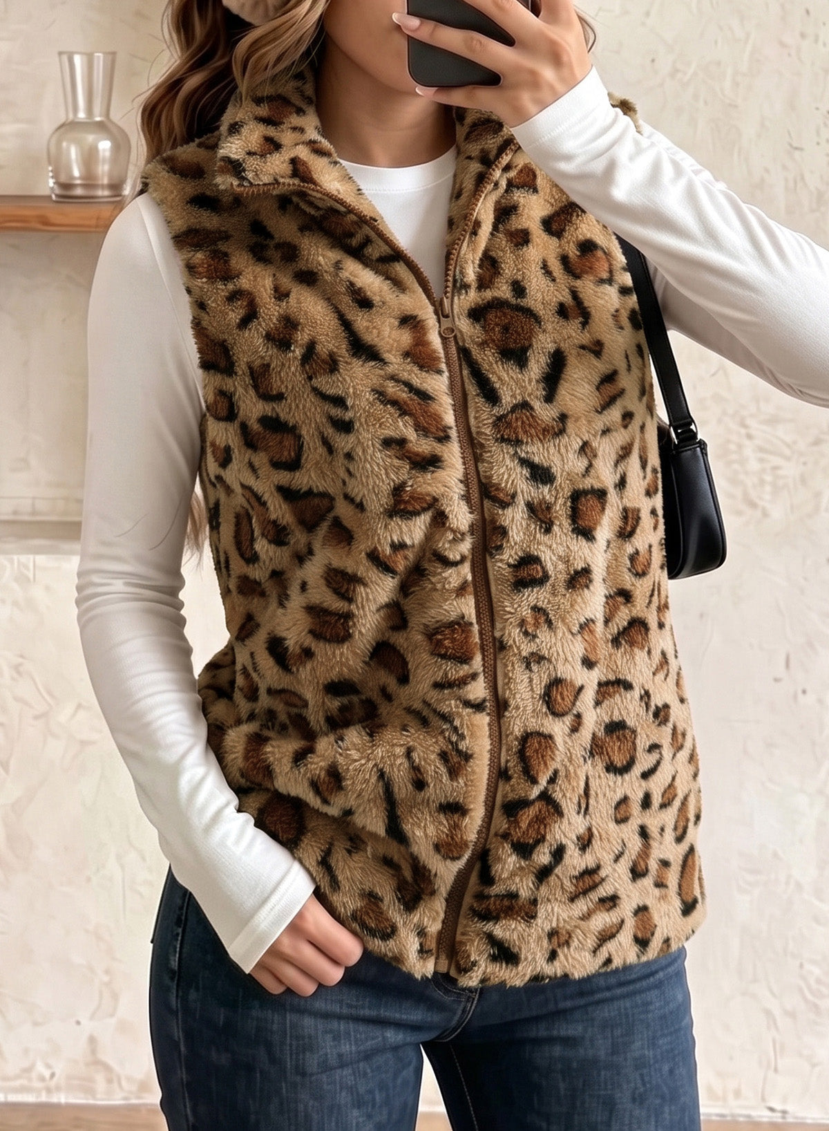 Dokotoo Womens Fleece Vest Zip Up Cow Print Sherpa Sleeveless Jacket