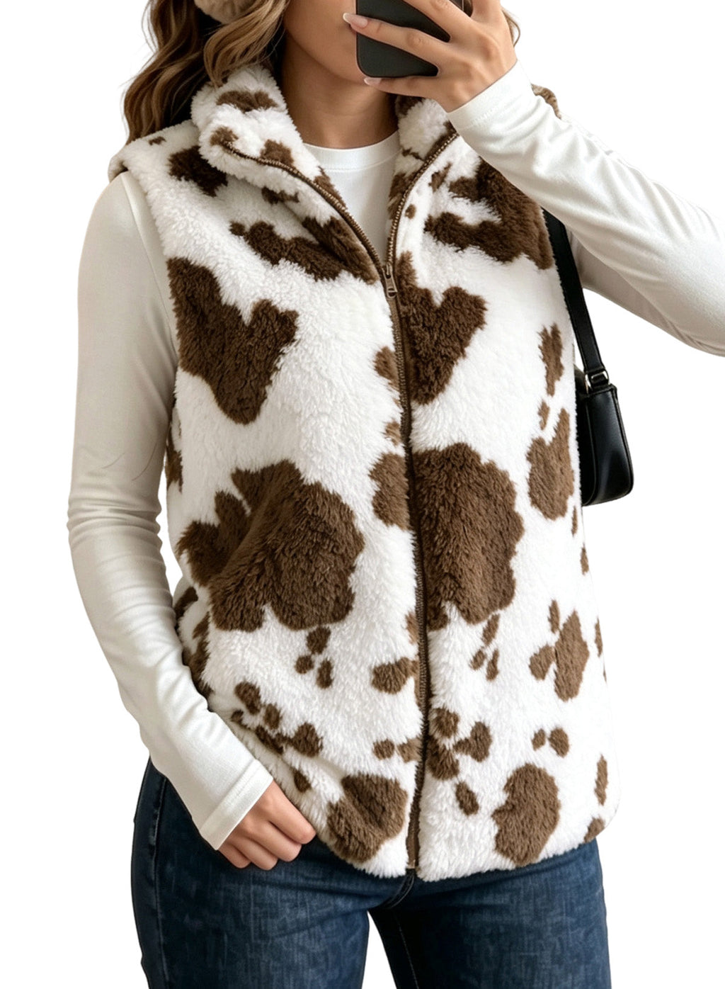 Dokotoo Womens Fleece Vest Zip Up Cow Print Sherpa Sleeveless Jacket