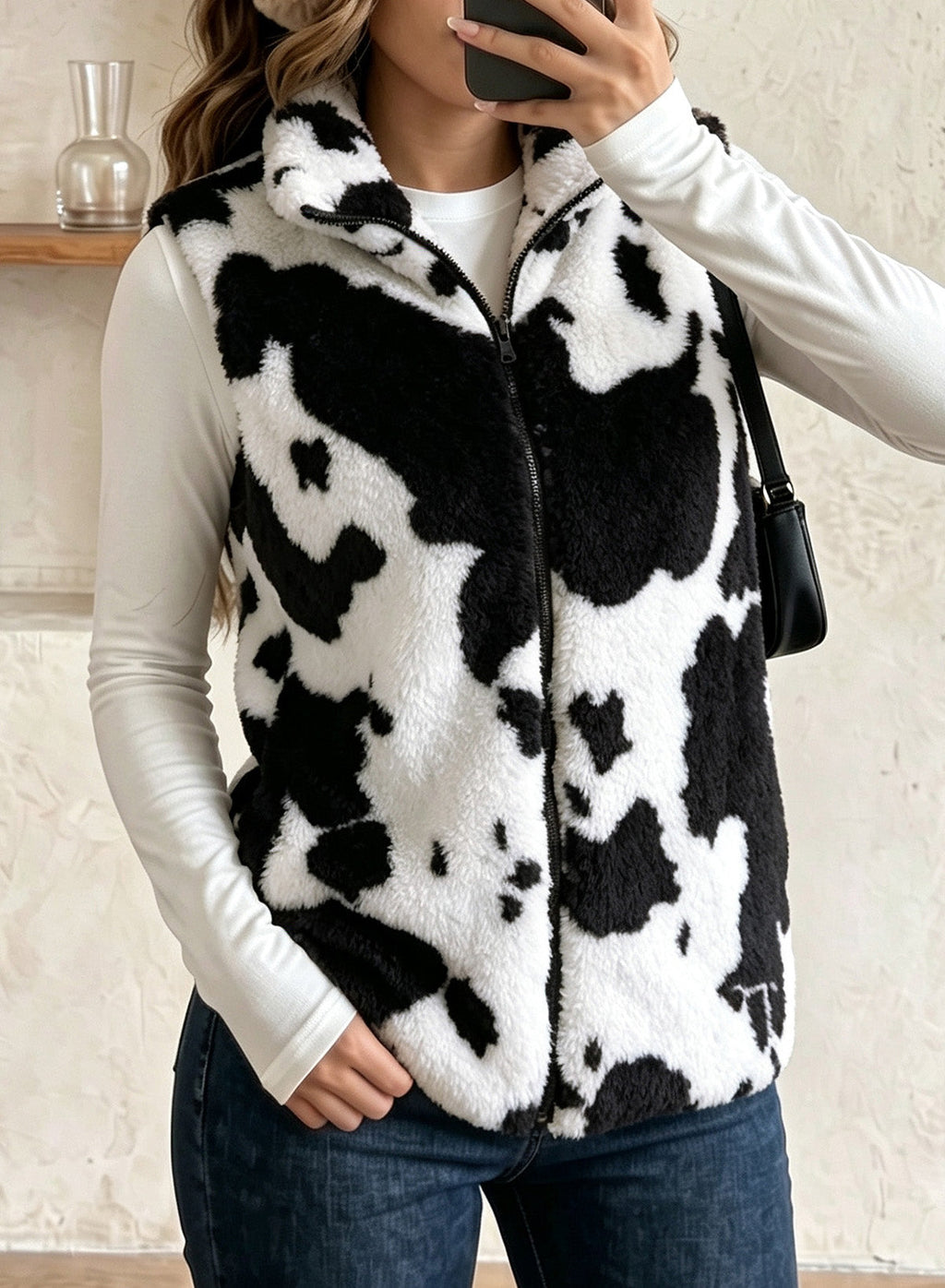 Dokotoo Womens Fleece Vest Zip Up Cow Print Sherpa Sleeveless Jacket