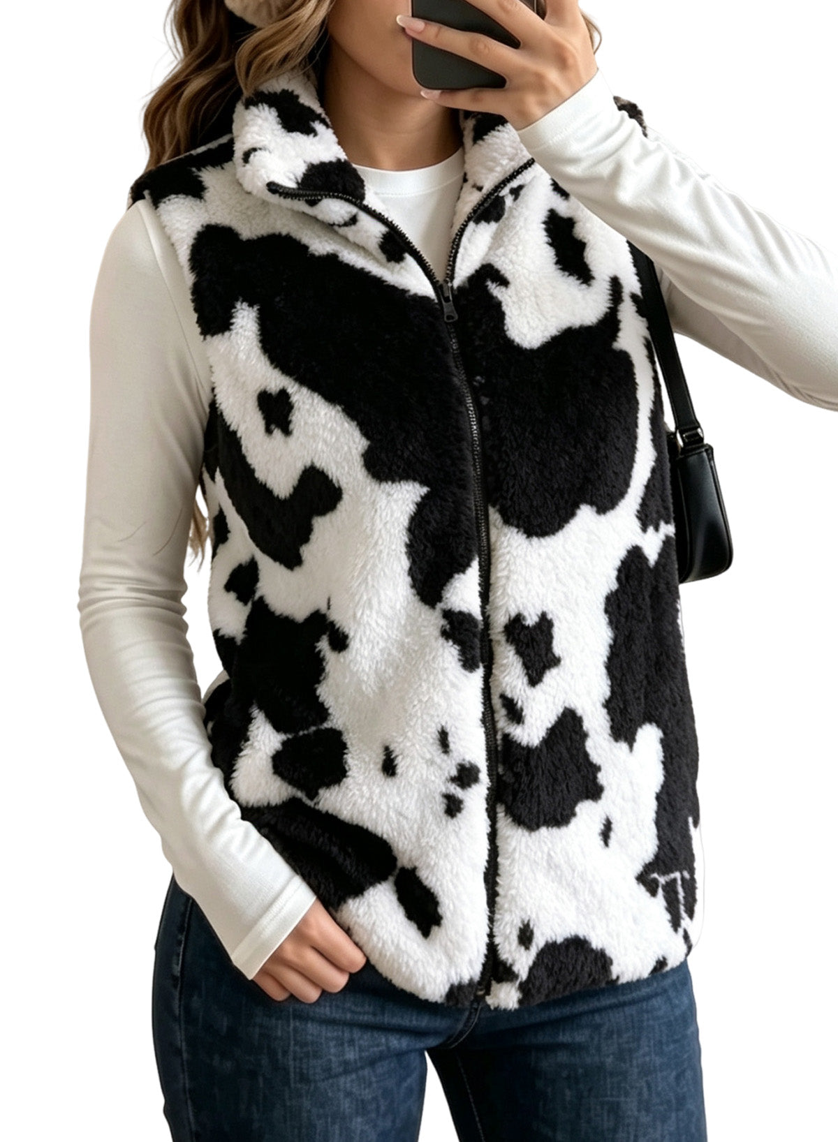 Dokotoo Womens Fleece Vest Zip Up Cow Print Sherpa Sleeveless Jacket