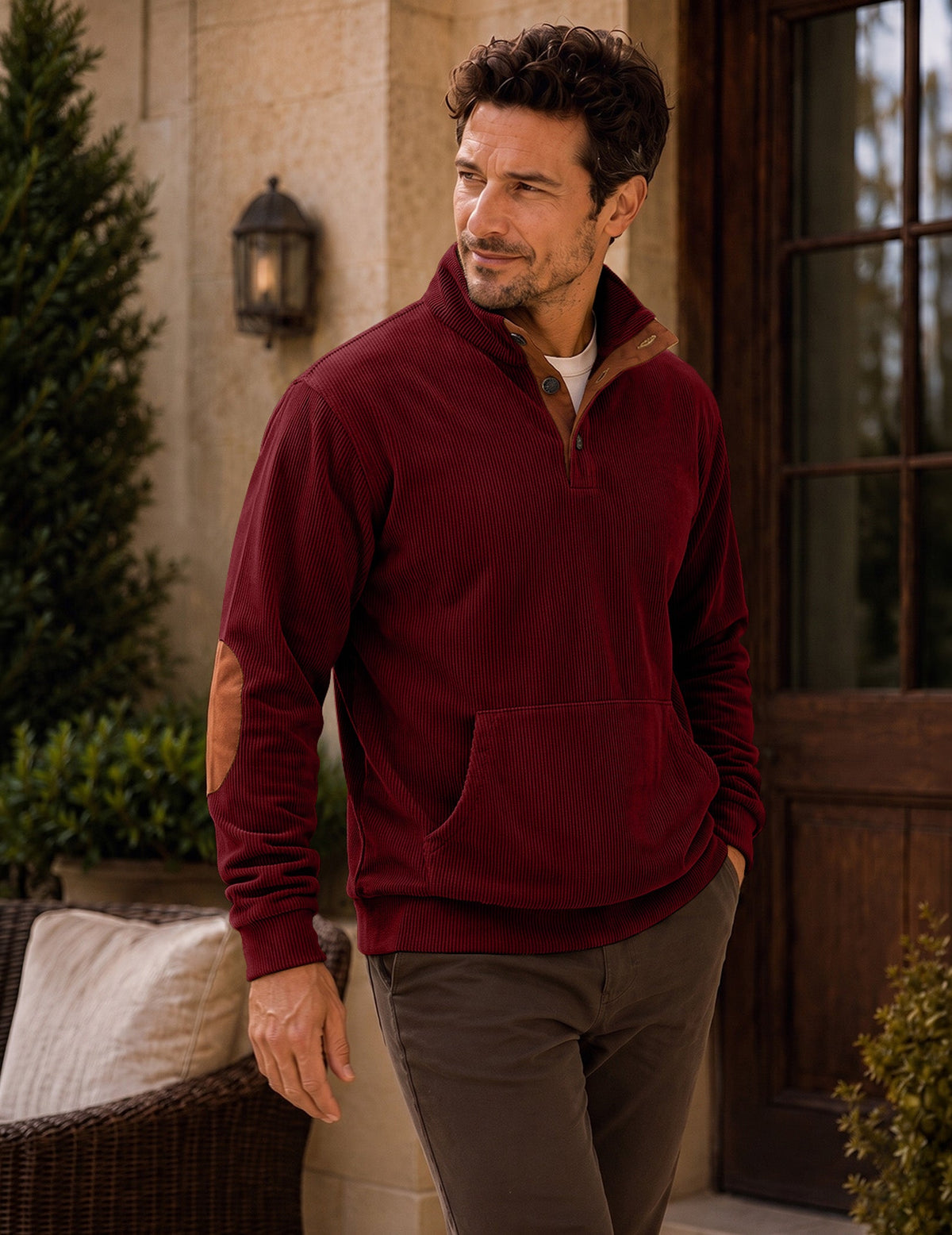Dokotoo Men Men's Corduroy Sweatshirt Casual Long Sleeve Stand Collar Knitted Pullover Button Sweaters with Pockets