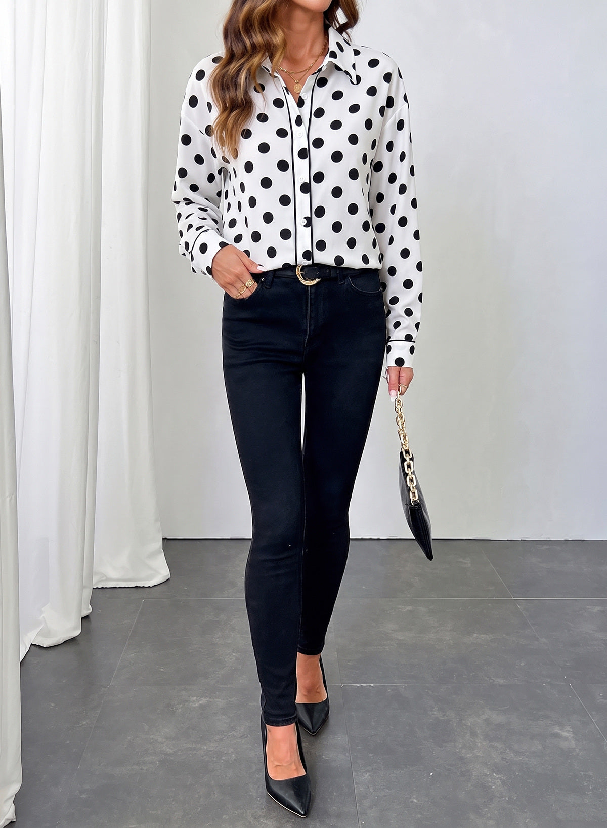 Womens Tops Polka Dot Long Sleeve Button Down Blouses