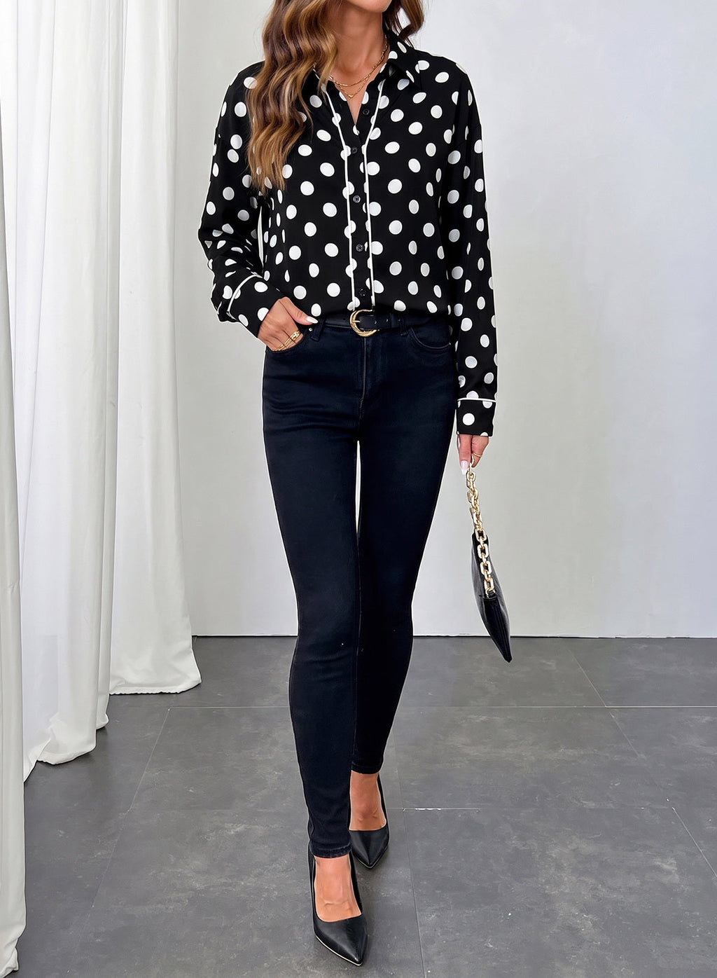 Womens Tops Polka Dot Long Sleeve Button Down Blouses