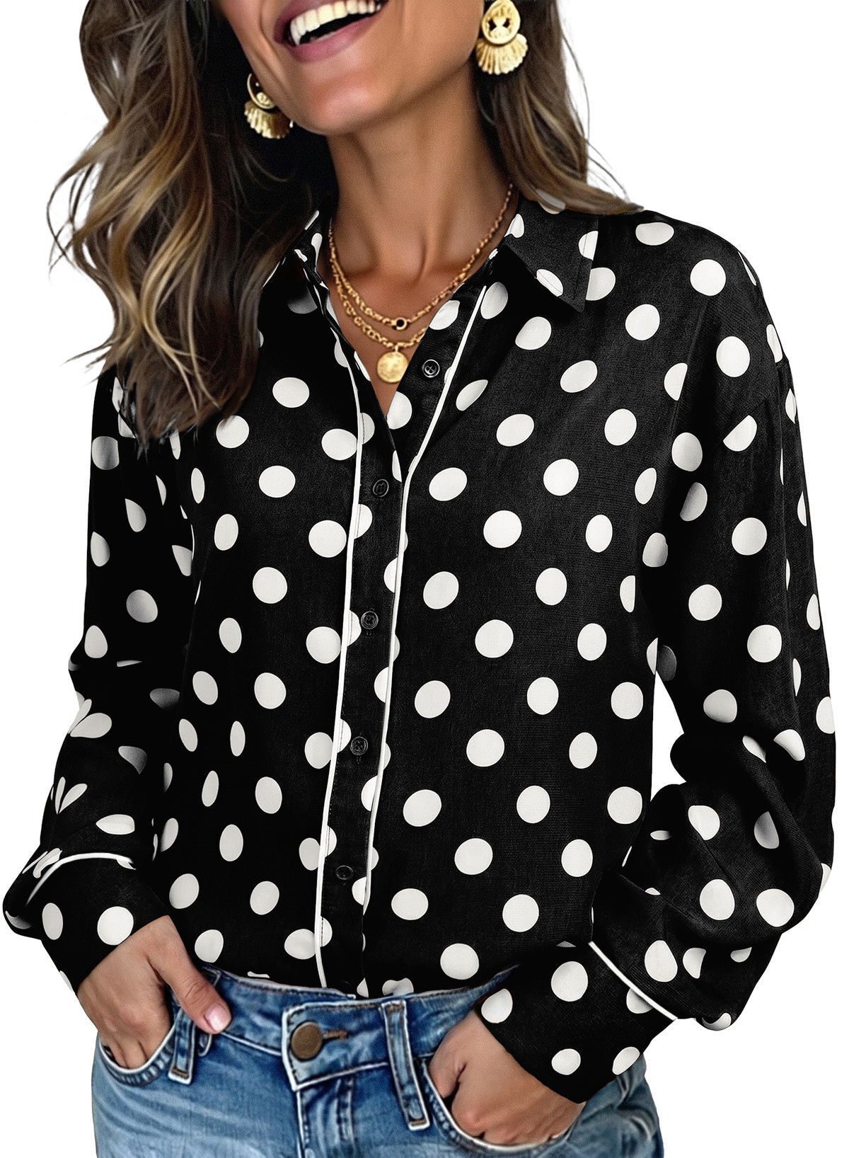 Womens Tops Polka Dot Long Sleeve Button Down Blouses
