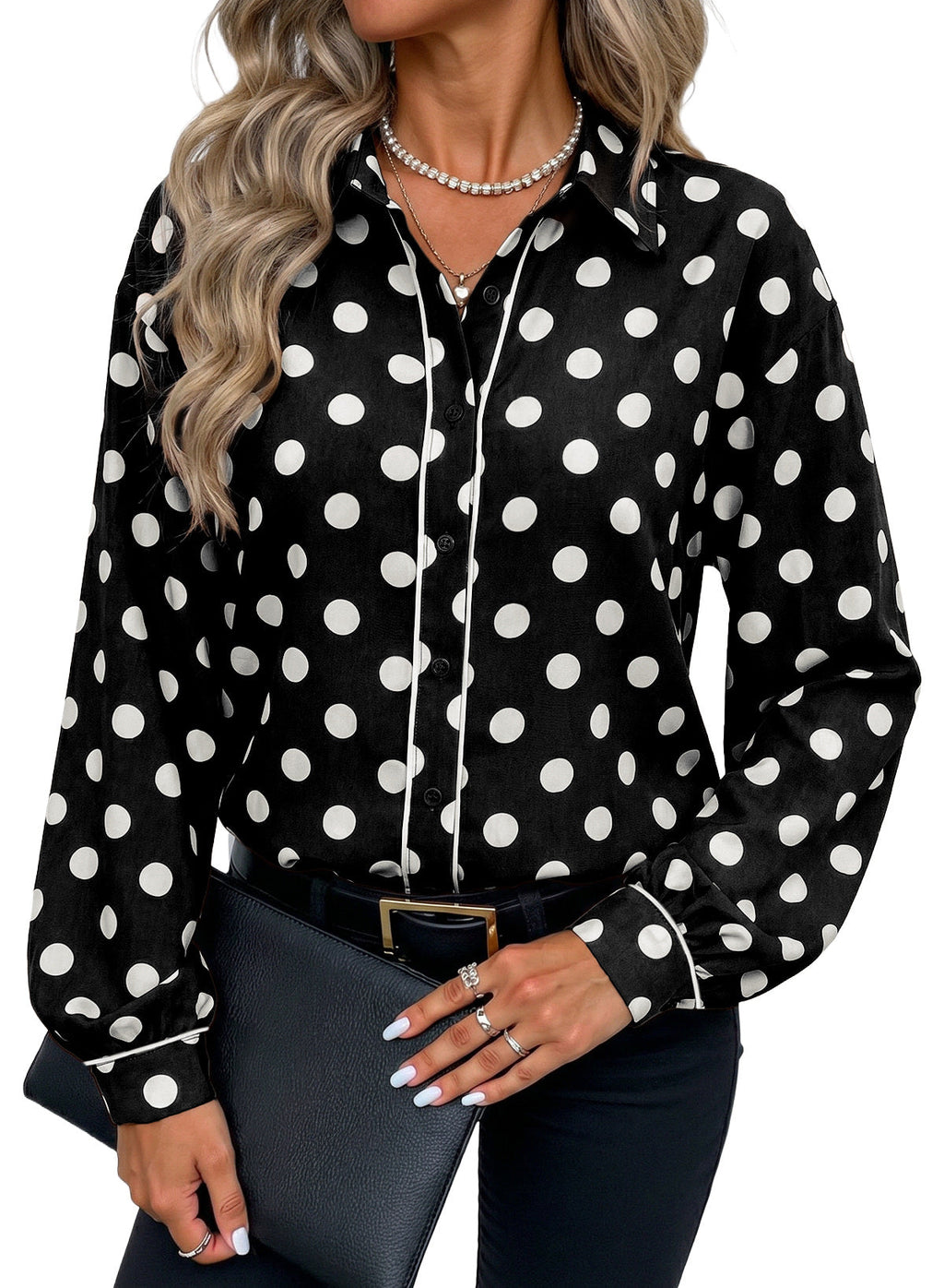 Womens Tops Polka Dot Long Sleeve Button Down Blouses