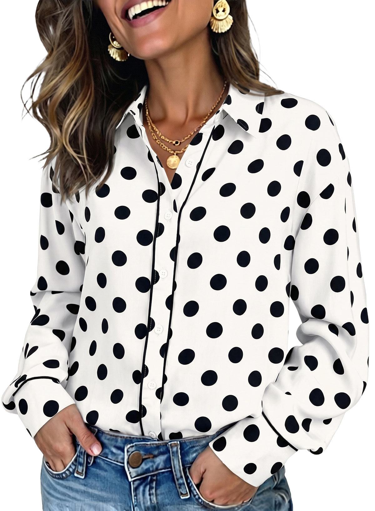 Womens Tops Polka Dot Long Sleeve Button Down Blouses