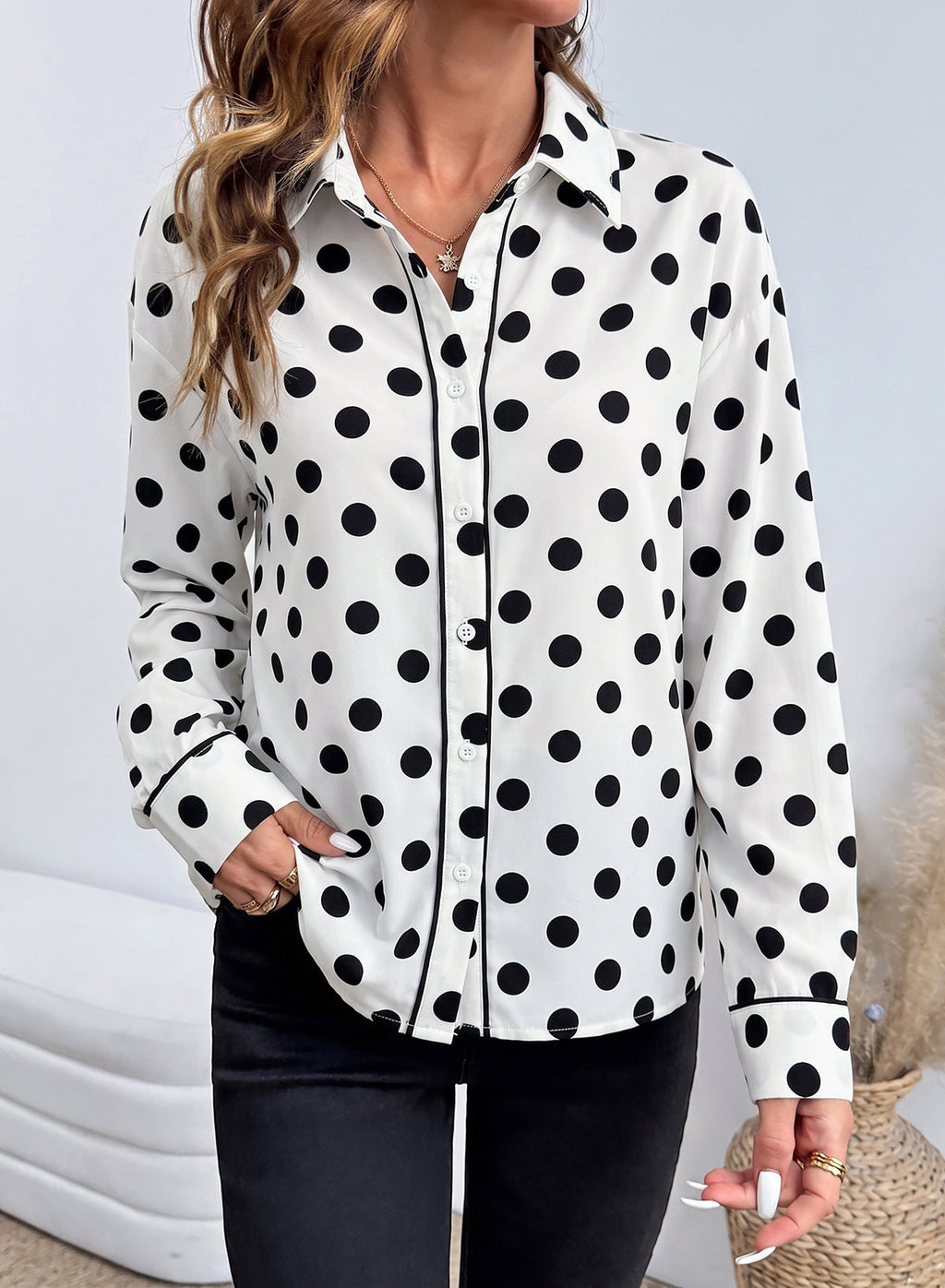 Womens Tops Polka Dot Long Sleeve Button Down Blouses