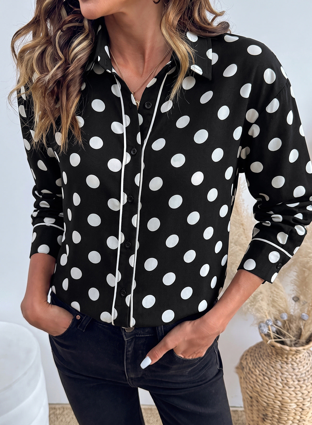 Womens Tops Polka Dot Long Sleeve Button Down Blouses