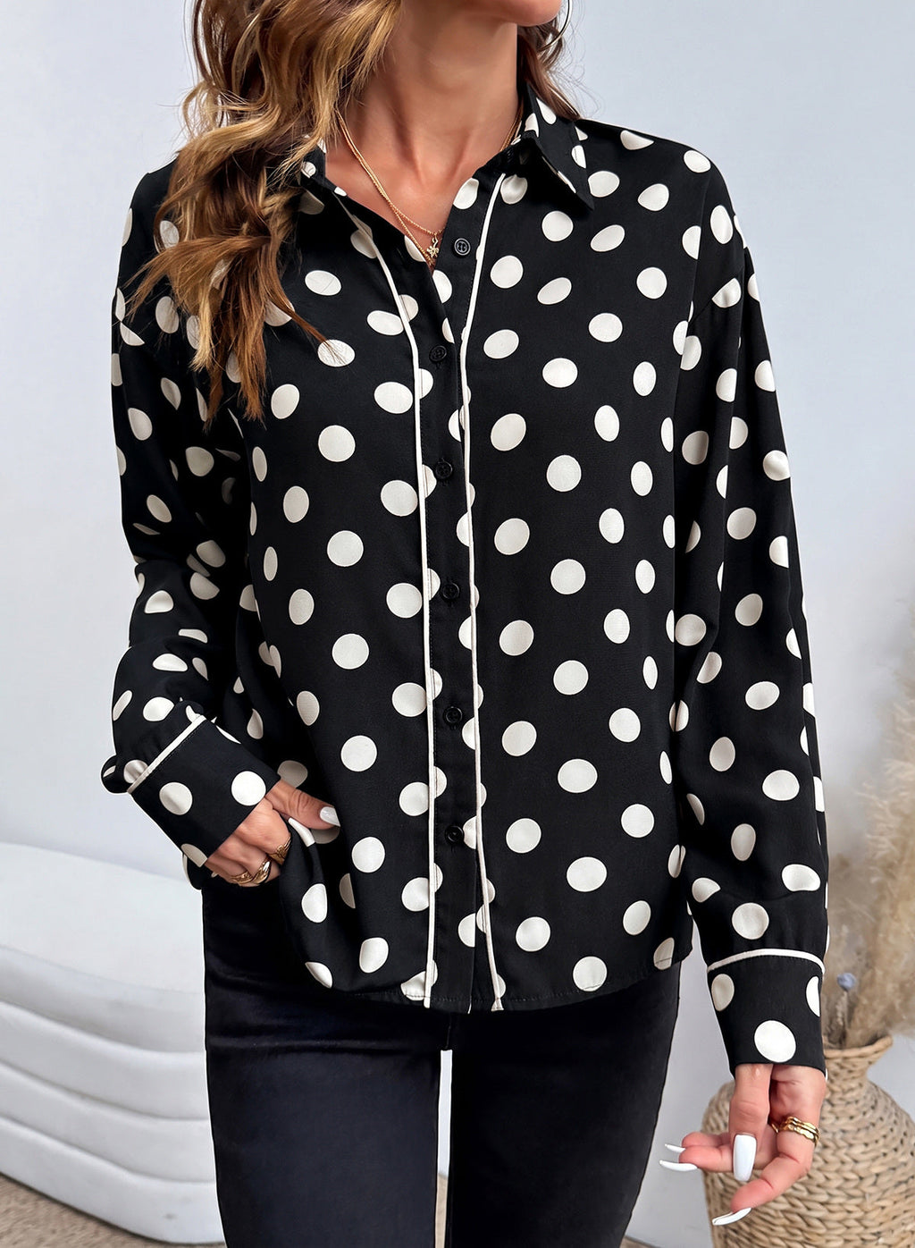 Womens Tops Polka Dot Long Sleeve Button Down Blouses