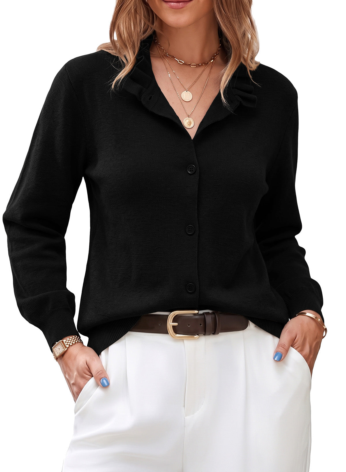 Dokotoo Cardigan Sweaters for Women Long Sleeve Stand Collar Ruffle Button Down Cardigans