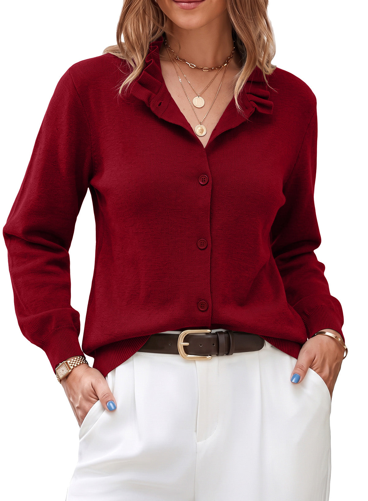 Dokotoo Cardigan Sweaters for Women Long Sleeve Stand Collar Ruffle Button Down Cardigans