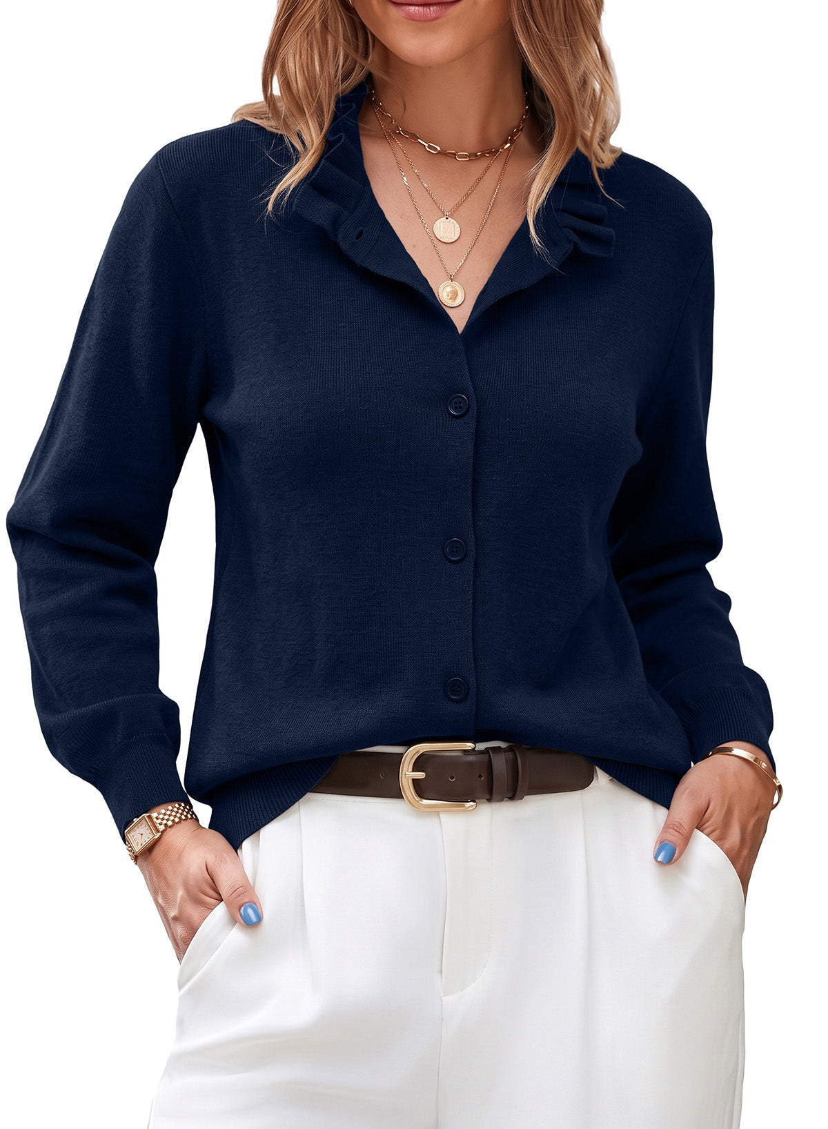 Dokotoo Cardigan Sweaters for Women Long Sleeve Stand Collar Ruffle Button Down Cardigans