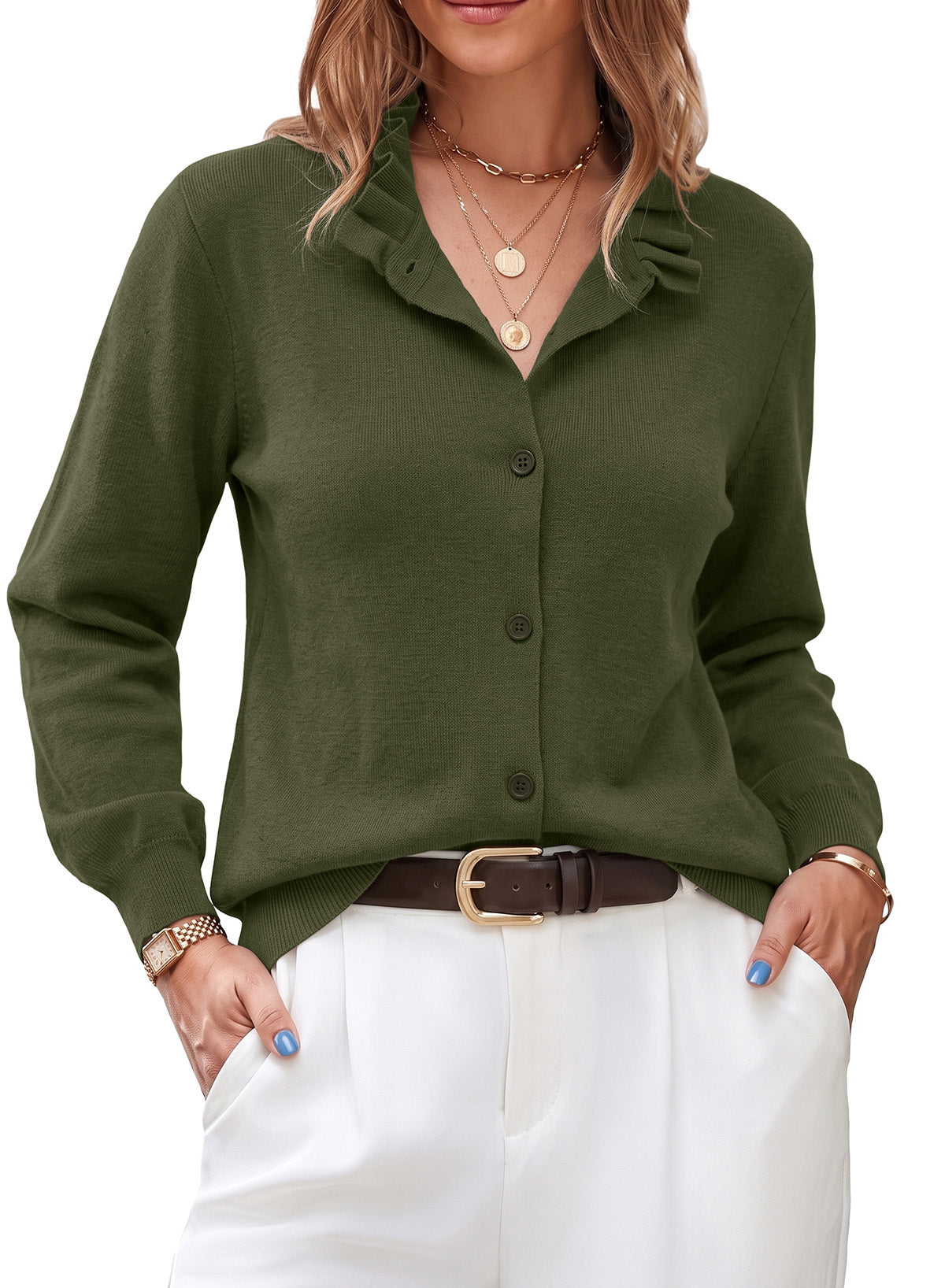Dokotoo Cardigan Sweaters for Women Long Sleeve Stand Collar Ruffle Button Down Cardigans