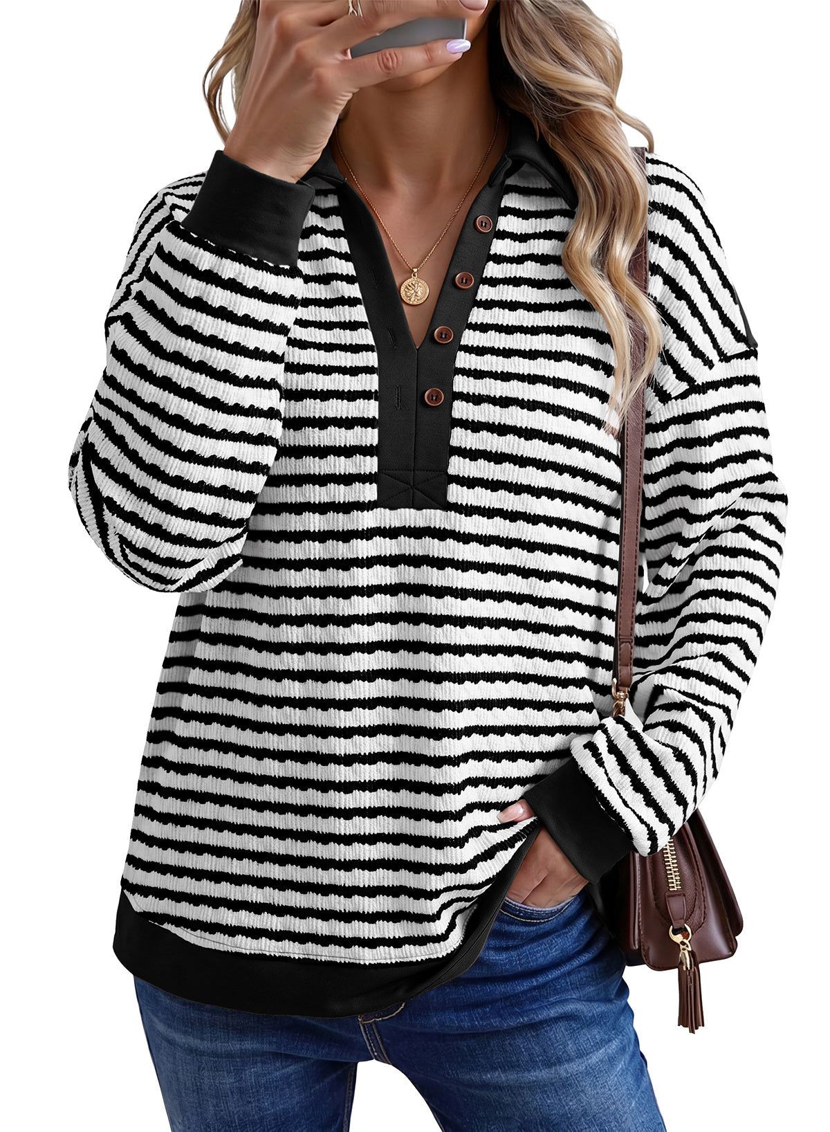 Dokotoo Oversized Henley Neck Sweatshirt for Women Striped Pullover Tops