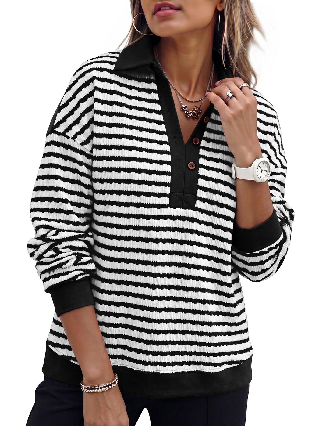 Dokotoo Oversized Henley Neck Sweatshirt for Women Striped Pullover Tops