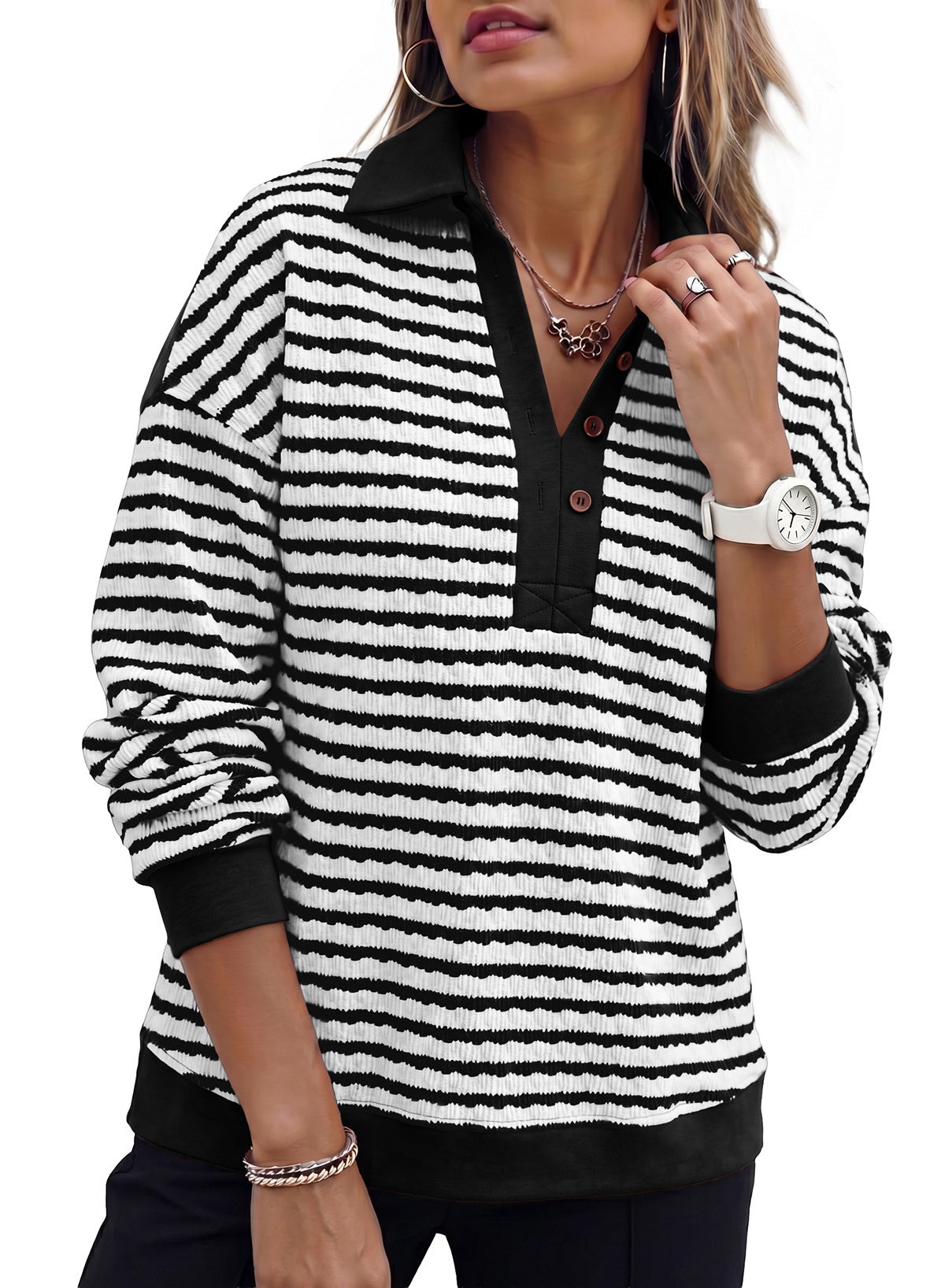 Dokotoo Oversized Henley Neck Sweatshirt for Women Striped Pullover Tops