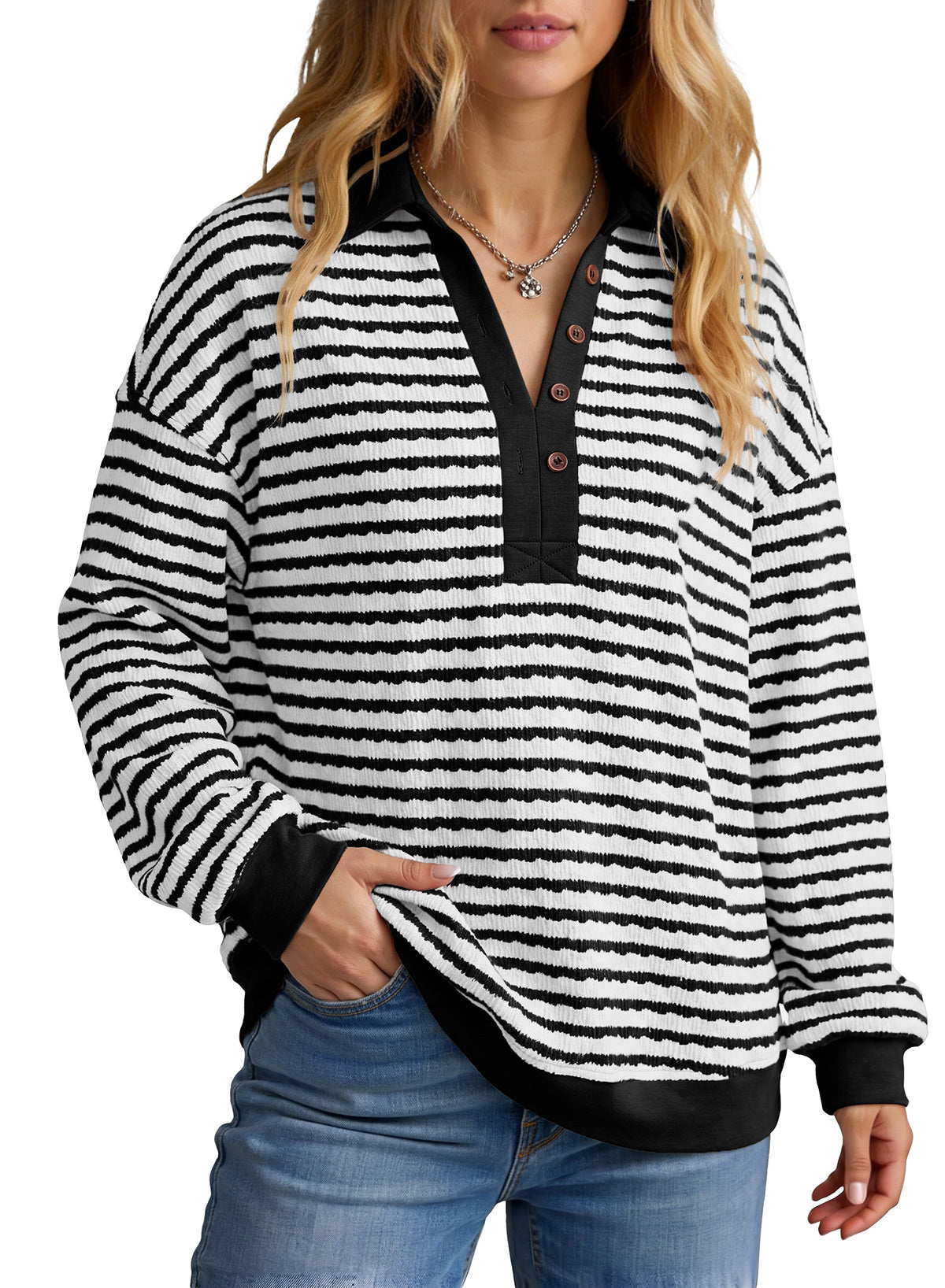 Dokotoo Oversized Henley Neck Sweatshirt for Women Striped Pullover Tops