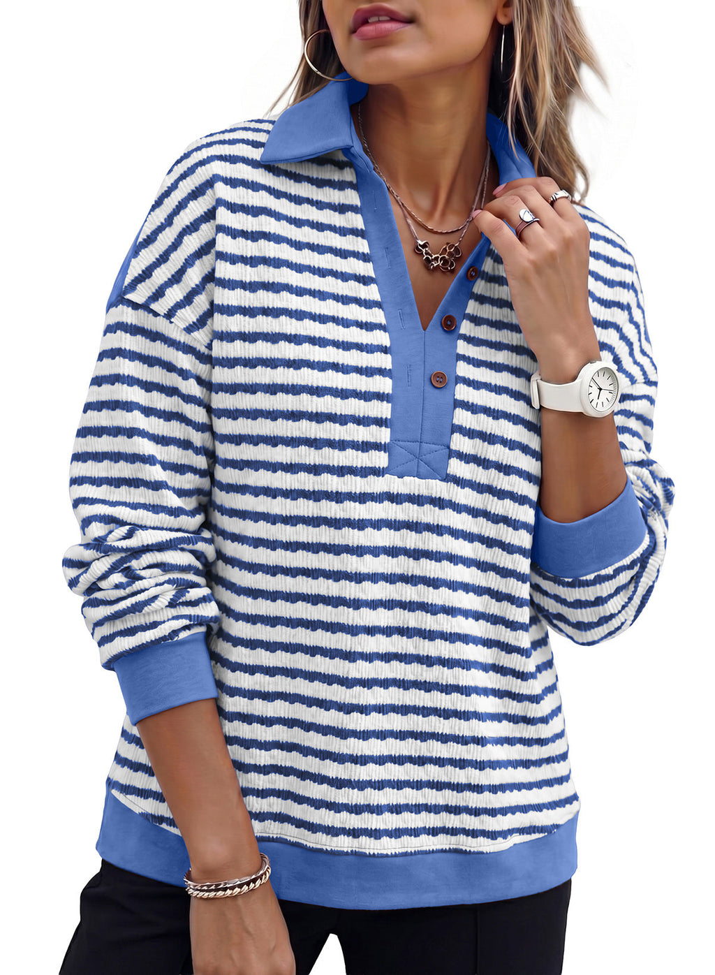 Dokotoo Oversized Henley Neck Sweatshirt for Women Striped Pullover Tops