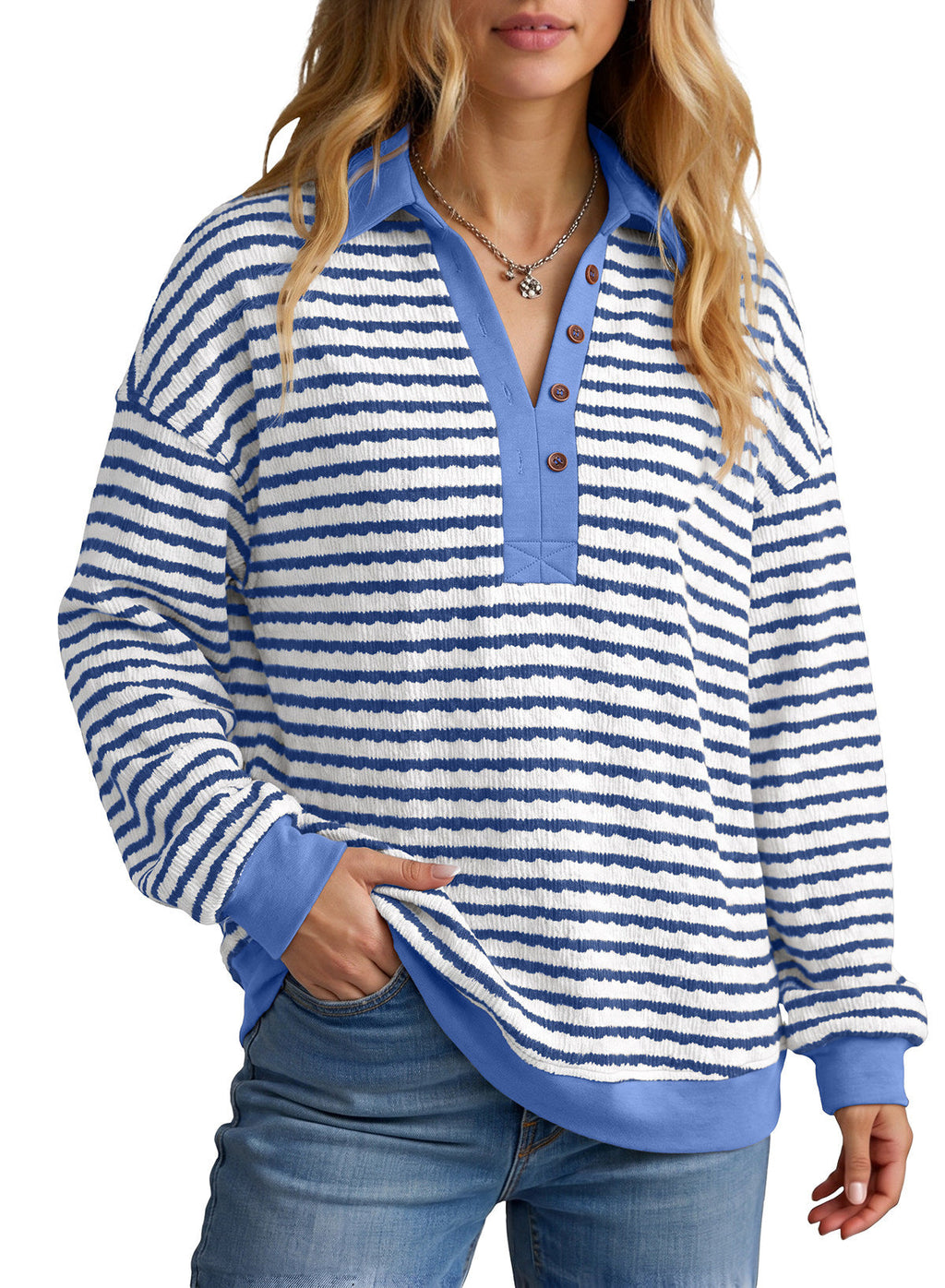 Dokotoo Oversized Henley Neck Sweatshirt for Women Striped Pullover Tops