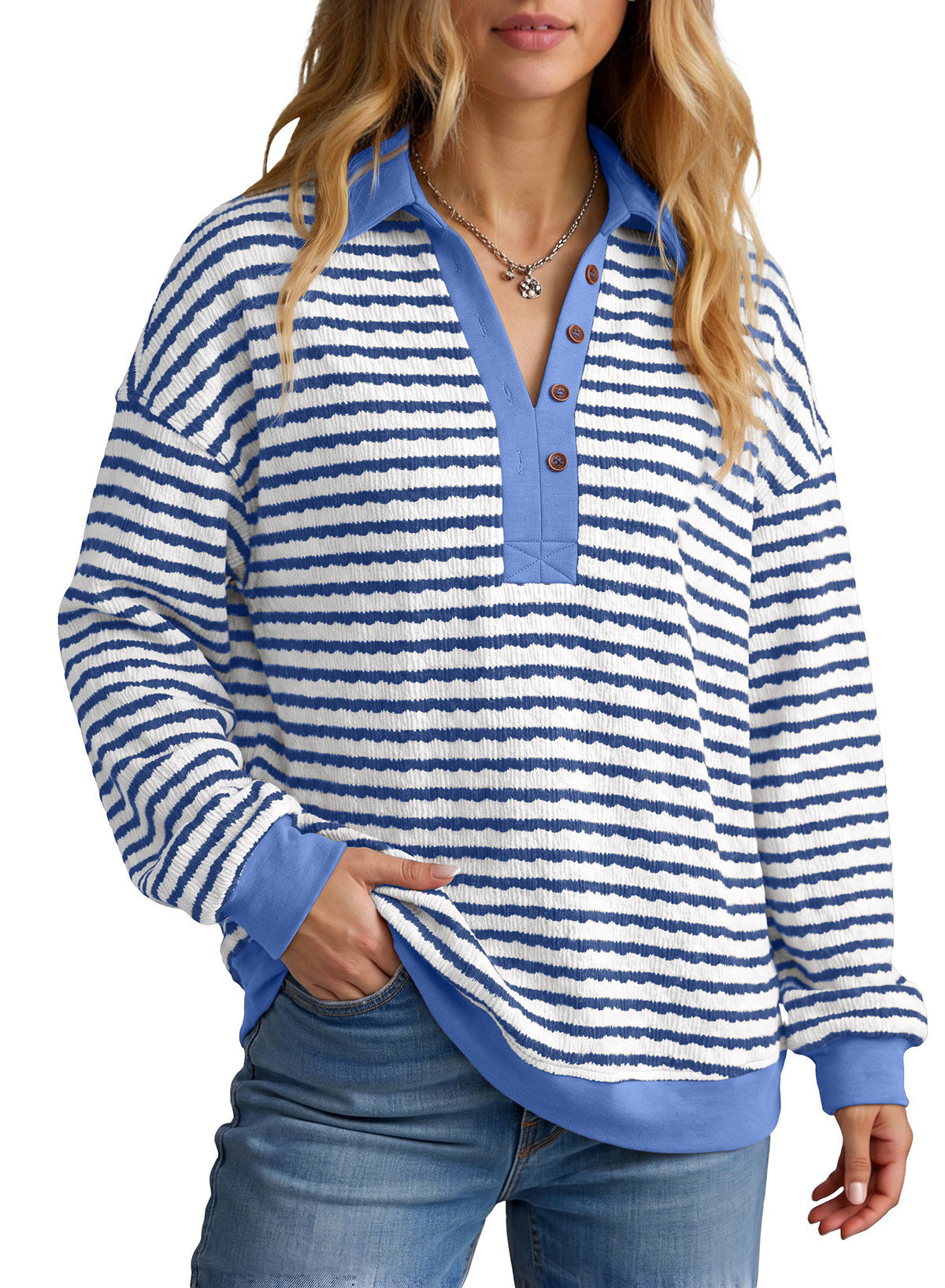 Dokotoo Oversized Henley Neck Sweatshirt for Women Striped Pullover Tops