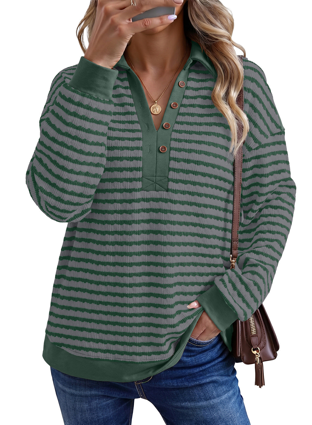 Dokotoo Oversized Henley Neck Sweatshirt for Women Striped Pullover Tops