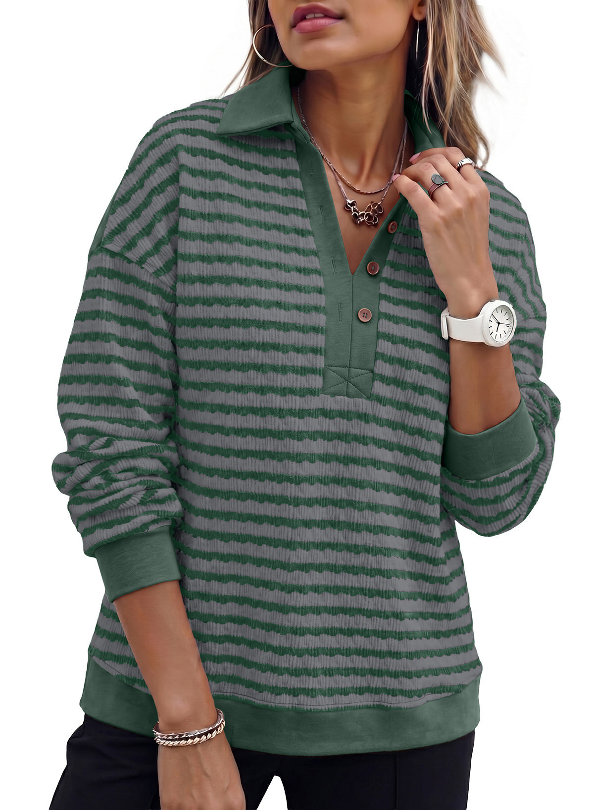 Dokotoo Oversized Henley Neck Sweatshirt for Women Striped Pullover Tops