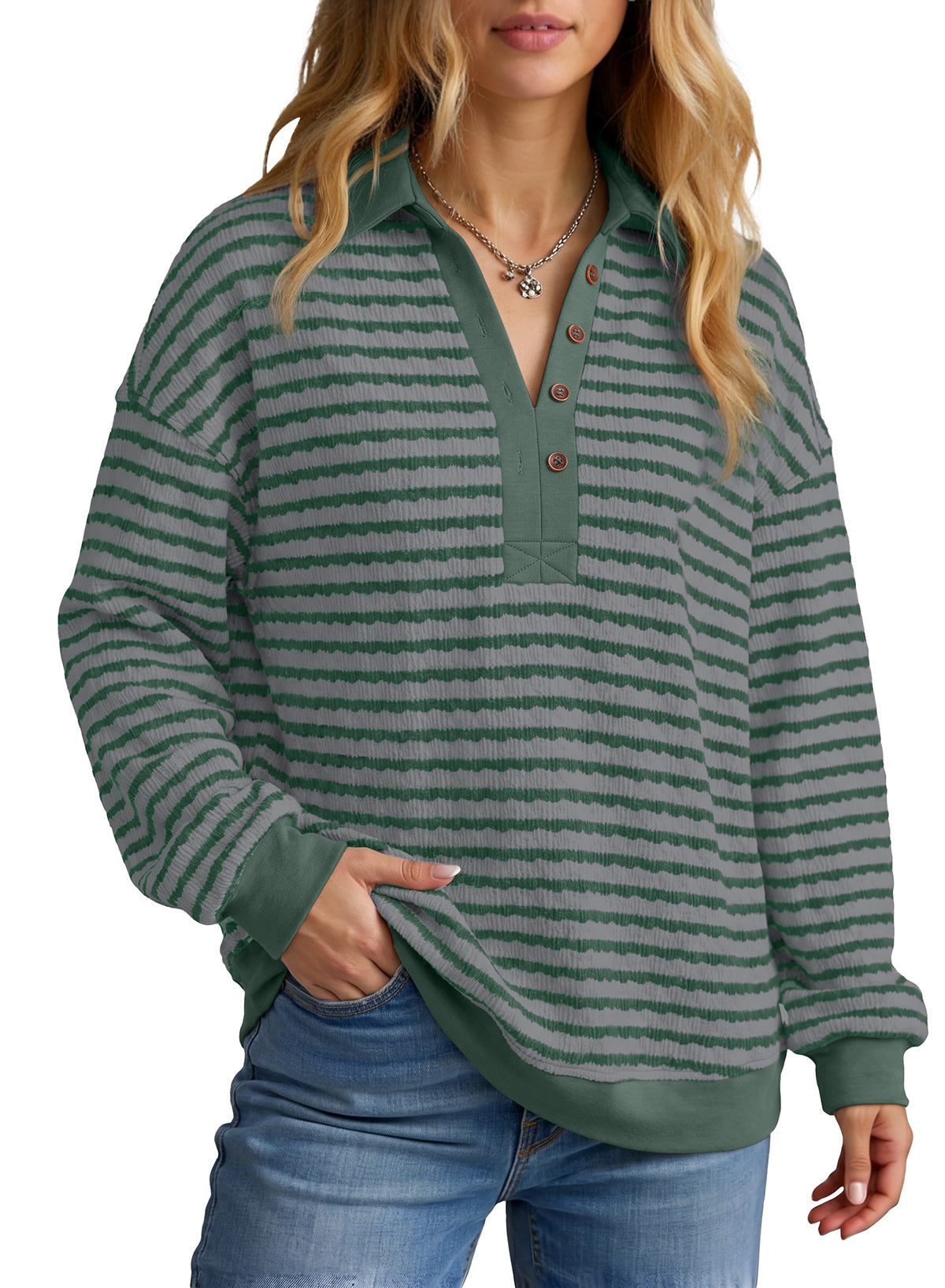Dokotoo Oversized Henley Neck Sweatshirt for Women Striped Pullover Tops