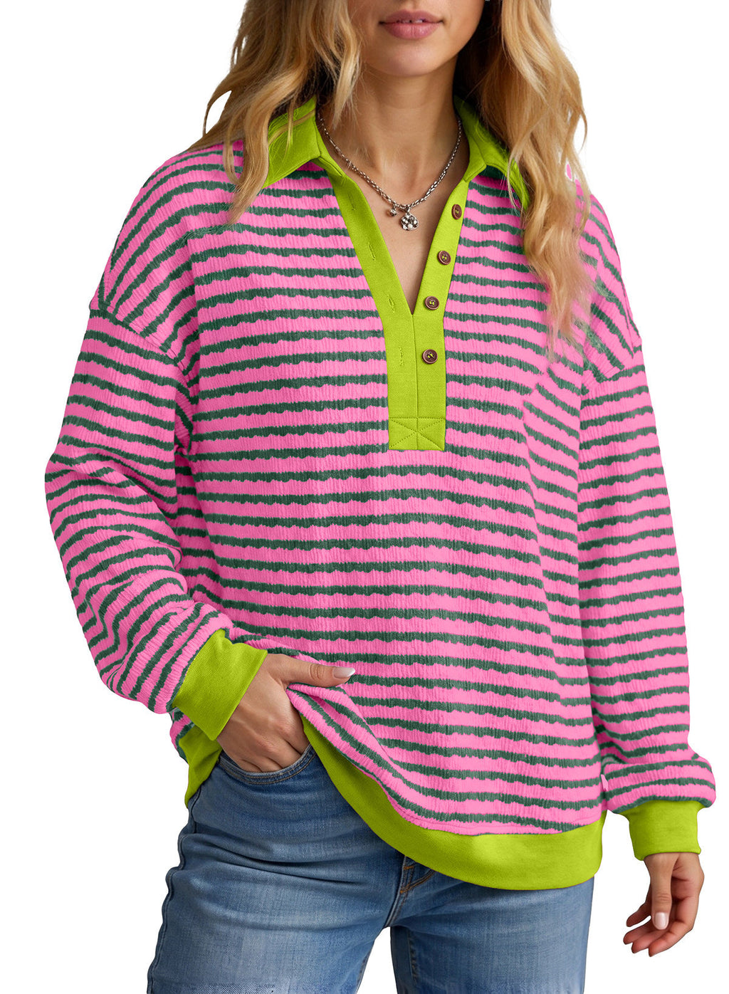 Dokotoo Oversized Henley Neck Sweatshirt for Women Striped Pullover Tops