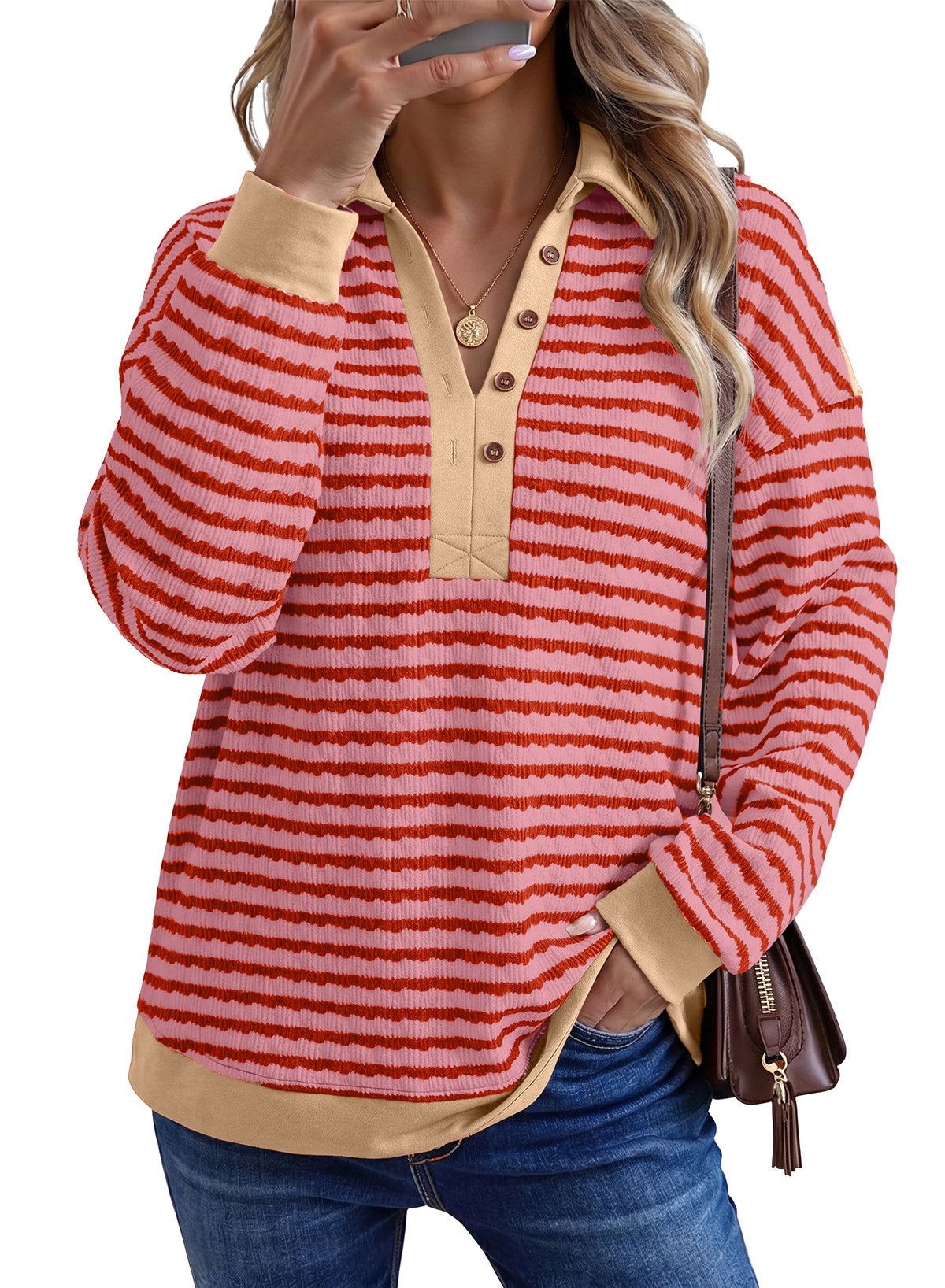 Dokotoo Oversized Henley Neck Sweatshirt for Women Striped Pullover Tops