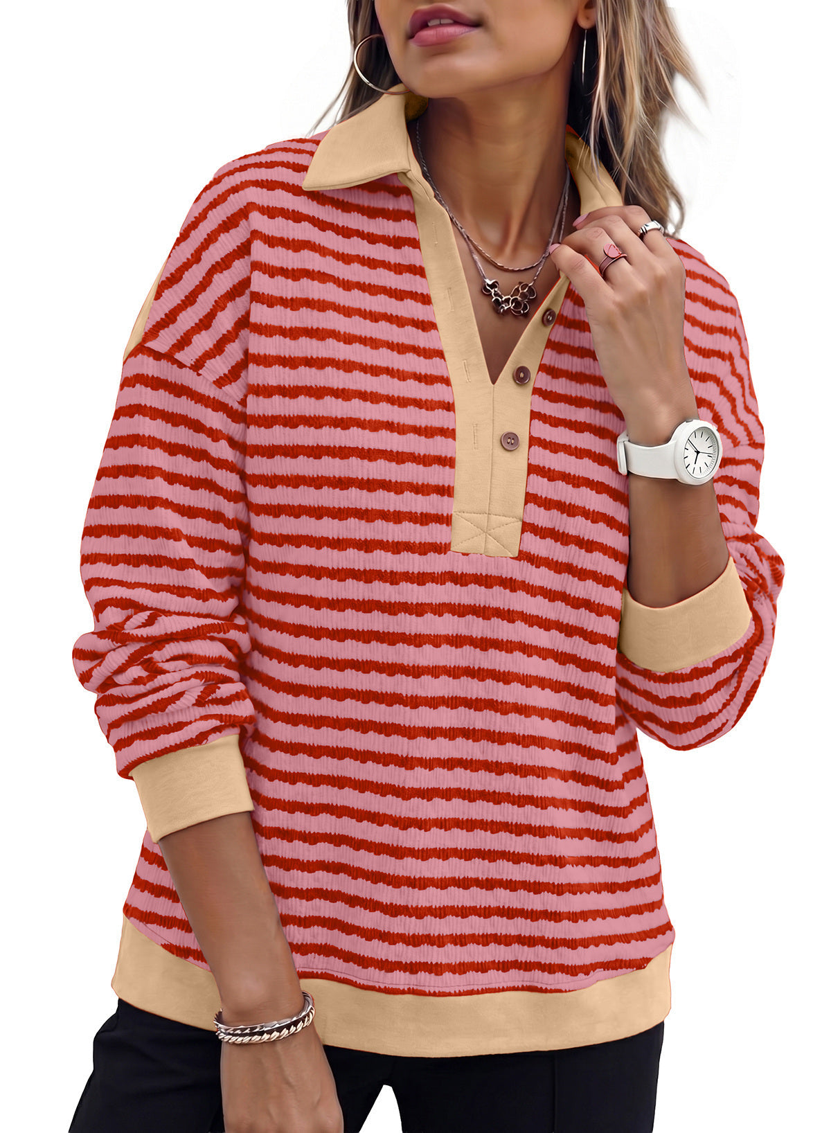Dokotoo Oversized Henley Neck Sweatshirt for Women Striped Pullover Tops
