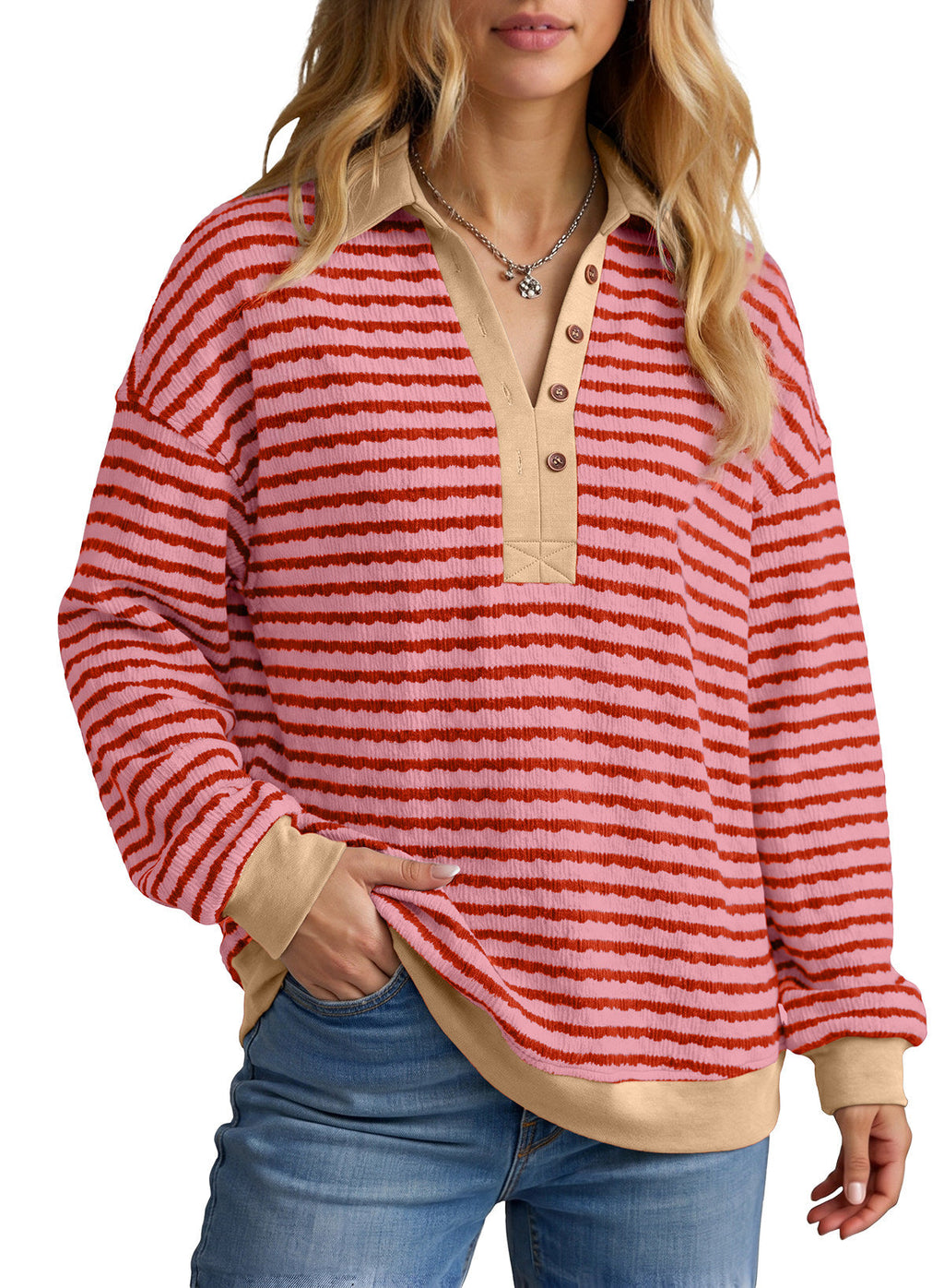 Dokotoo Oversized Henley Neck Sweatshirt for Women Striped Pullover Tops