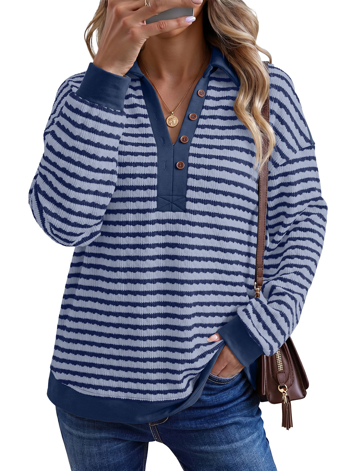 Dokotoo Oversized Henley Neck Sweatshirt for Women Striped Pullover Tops
