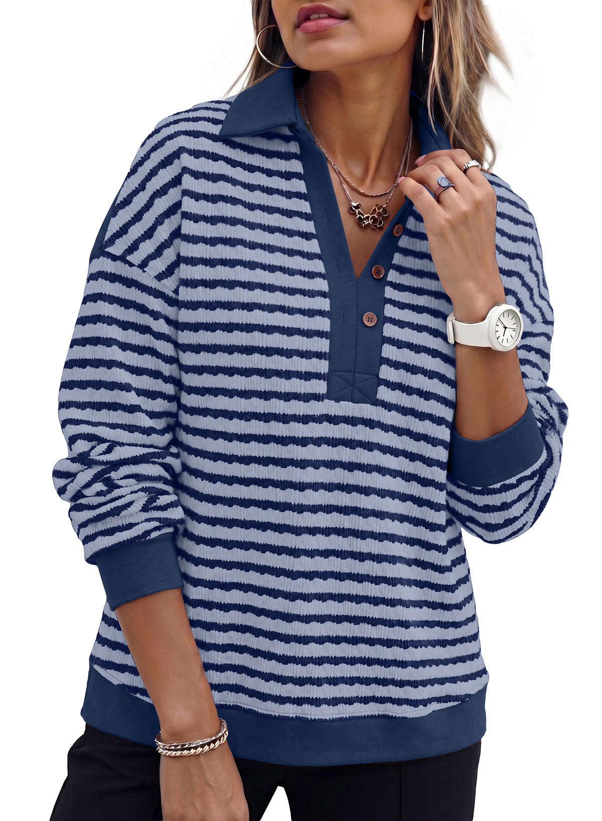 Dokotoo Oversized Henley Neck Sweatshirt for Women Striped Pullover Tops