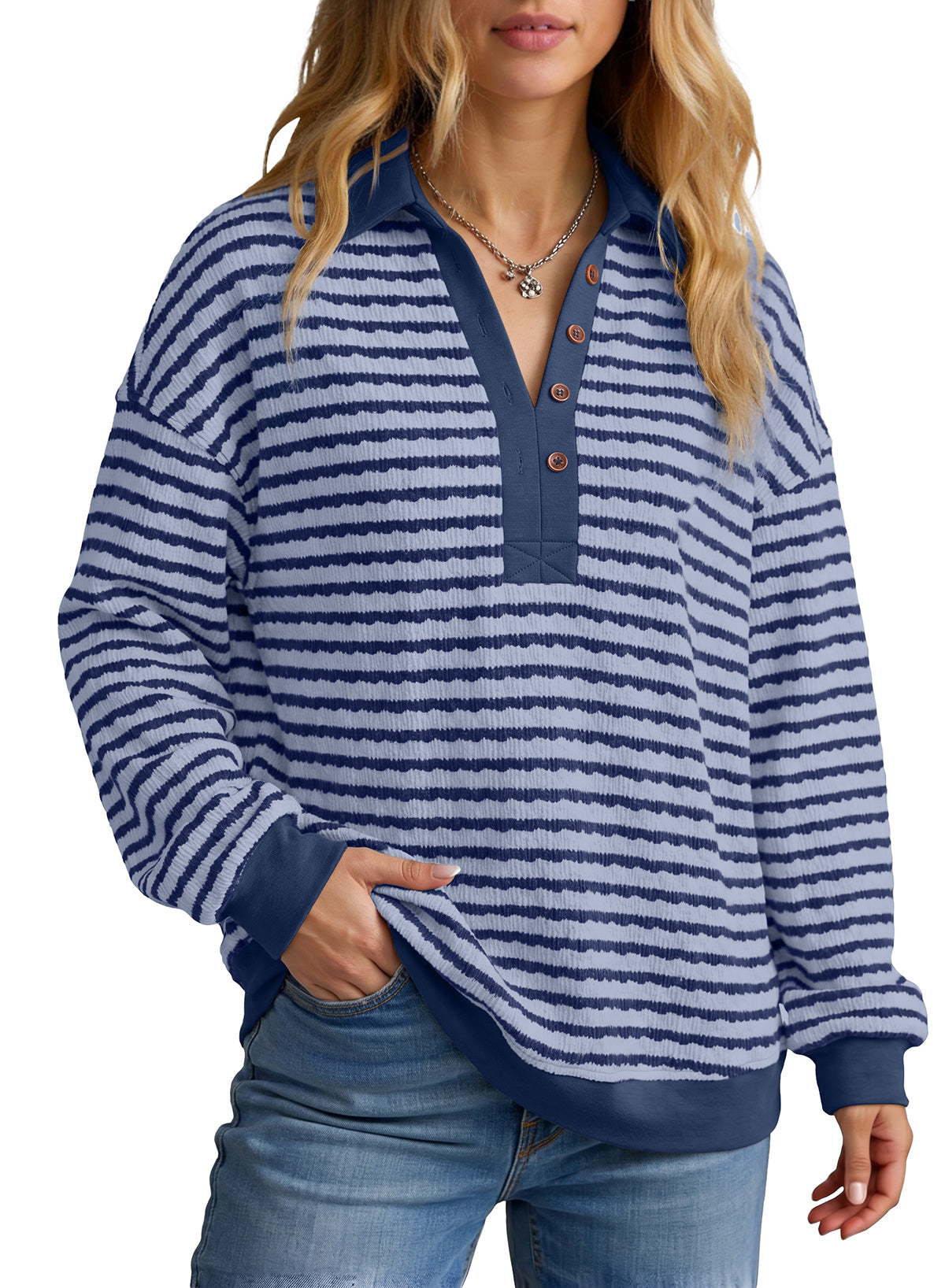 Dokotoo Oversized Henley Neck Sweatshirt for Women Striped Pullover Tops