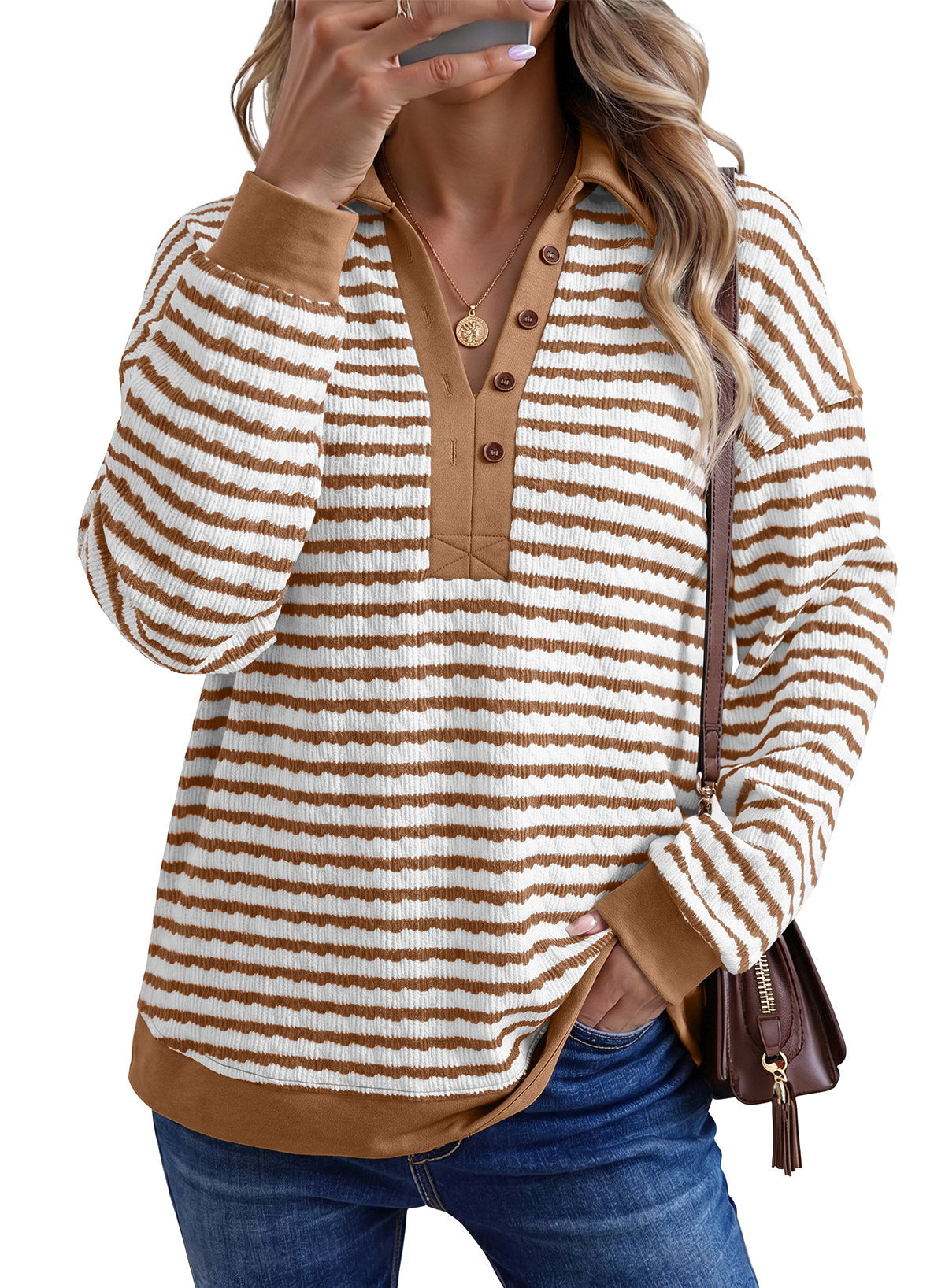 Dokotoo Oversized Henley Neck Sweatshirt for Women Striped Pullover Tops