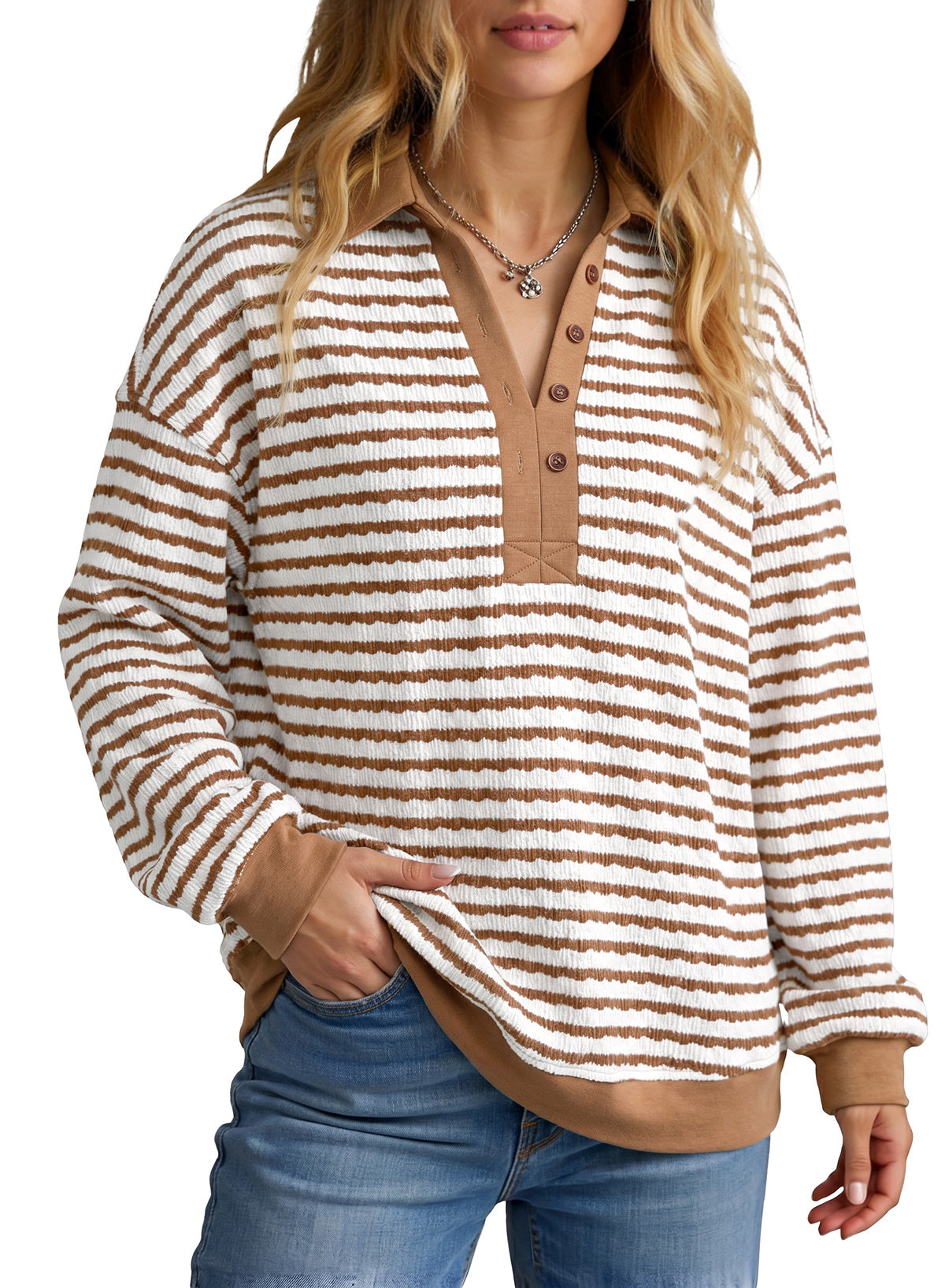 Dokotoo Oversized Henley Neck Sweatshirt for Women Striped Pullover Tops