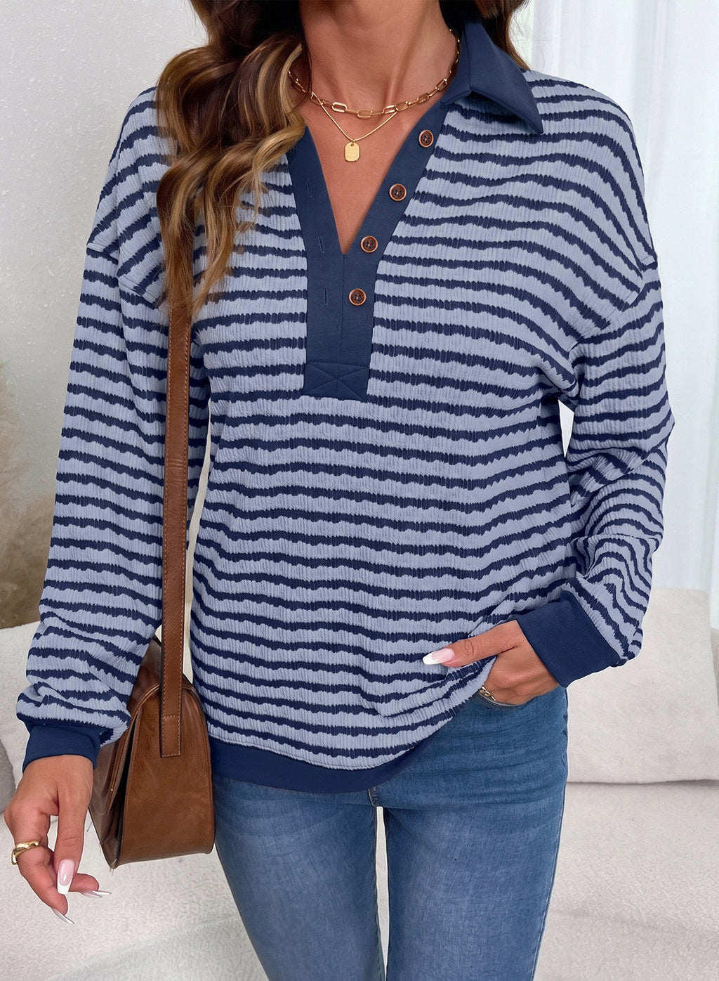 Dokotoo Oversized Henley Neck Sweatshirt for Women Striped Pullover Tops