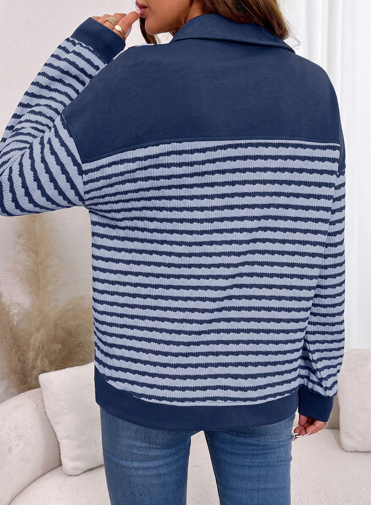 Dokotoo Oversized Henley Neck Sweatshirt for Women Striped Pullover Tops