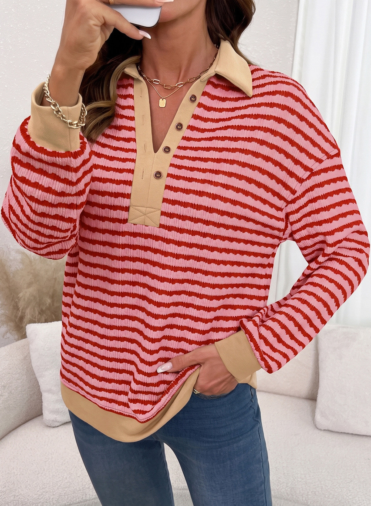 Dokotoo Oversized Henley Neck Sweatshirt for Women Striped Pullover Tops